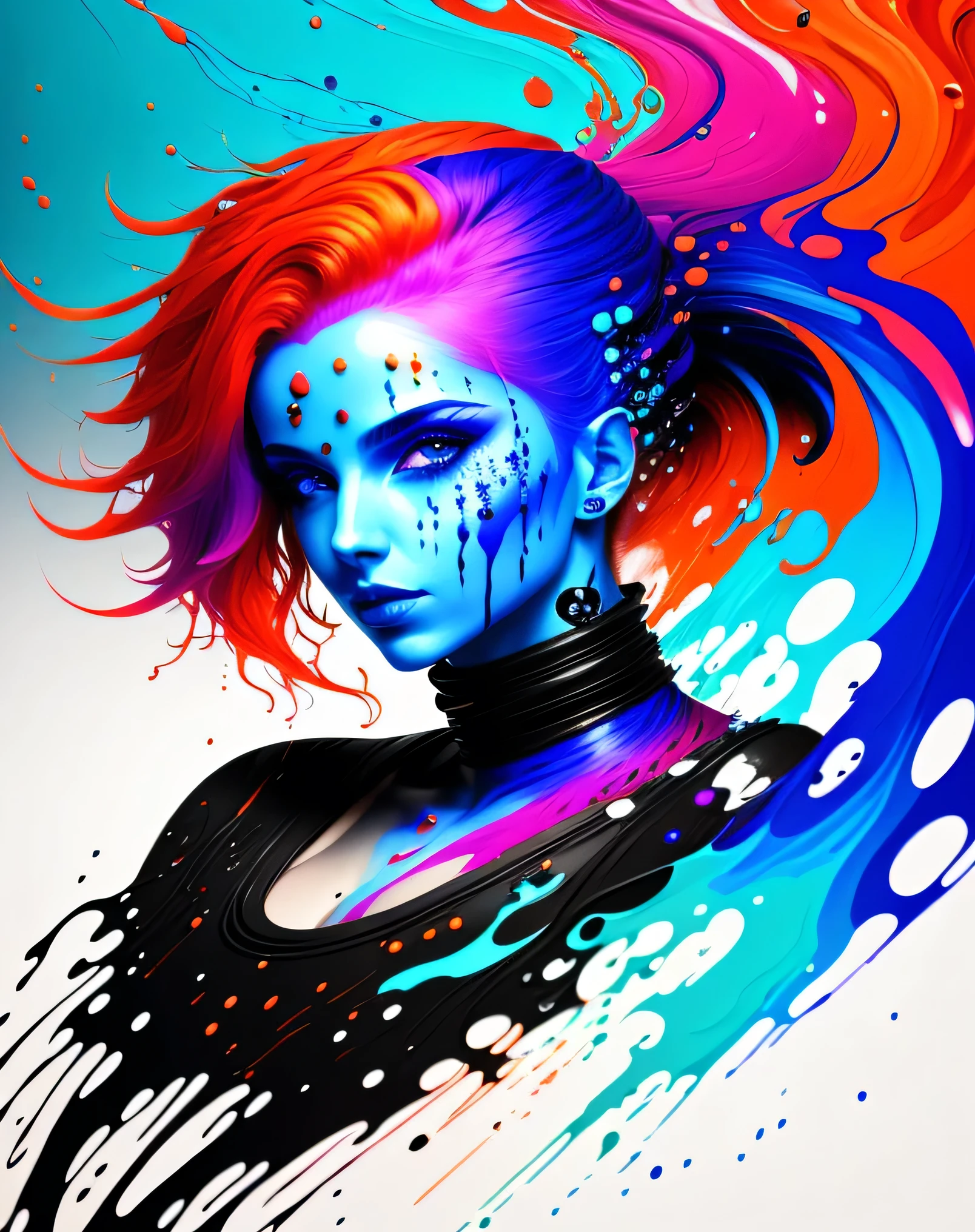 a painting of a woman with colorful hair, fantasy game spell icon, splashes of liquid, computer game art, hyperdetailed colourful, fantasy colours, avatar image, strong blue and orange colors, beautiful avatar pictures, body painted with black fluid, digital art h 9 6 0, rich colourful
