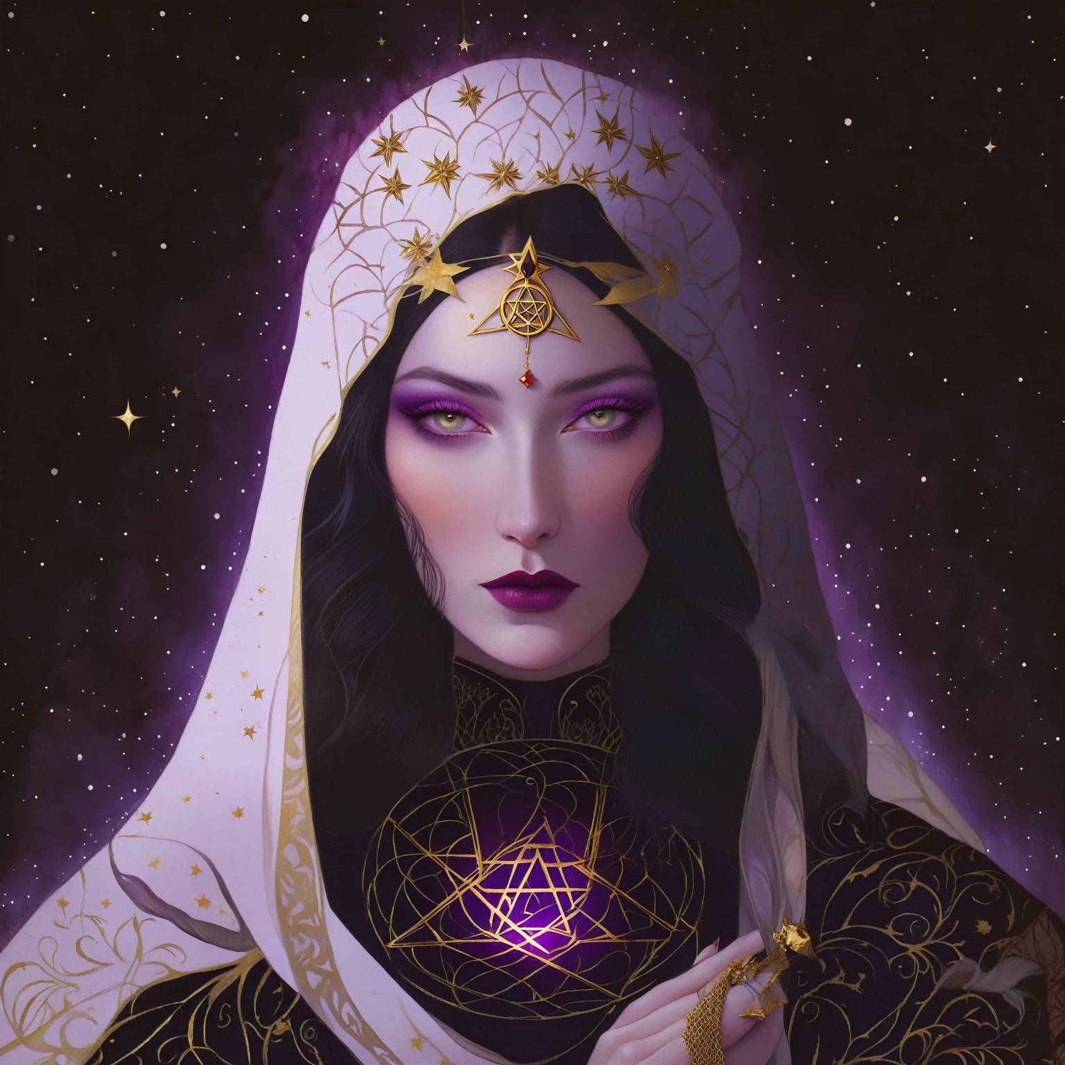 tarot card, chiaroscuro technique on sensual illustration of an queen of pentacle, vintage queen, earthy eerie, matte painting, by Hannah Dale, by Harumi Hironaka, extremely soft colors, hint of gold vibrant, highly detailed, digital artwork, high contrast, dramatic, refined, tonal, highest quality,anatomy correct,ultra-wide-angle,depth of fields. Holding the pentacles