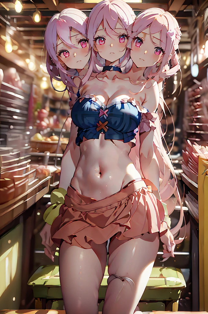 (masterpiece, best quality), best quality, best resolution, (ultra-detailed), (3heads:1.5), 1girl, (hata no kokoro:1.3), masterpiece, best quality, ultra quality, ultra resolution, ultra detail, blue plaid top, crop top, ((stomach)), midriff, ((groin)), salmon-coloured skirt, miniskirt, normal ears, shackles, pale pink hair, very long hair, wavy hair, sidelocks, blue eyes, parted lips, sweat, cute, toned belly, hand on own chest, eyelashes, (24 year old woman:1.3), (masterpiece:1.5), (best quality:1.5), (beautiful detailed), extremely detailed CG, extremely delicate and beautiful, depth of field, (finely detailed face), (perfect details:1.2), (mature female:1.3), wide pelvis, slender, large veiny breast, 16k resolution, highres, high quality, high definition, extremely detailed, masterpiece, pale pink hair, long hair, alluring presence, twin braid, short skirt, close up, big tits, young, waist-length hair,