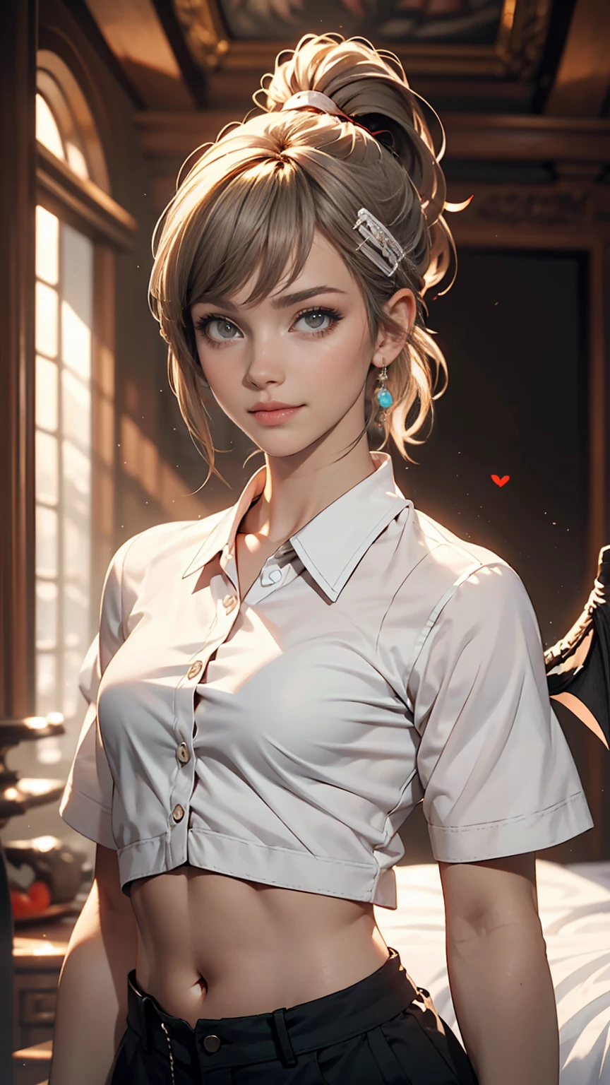 High resolution, masterpiece,highest quality, Super detailed, (Fine grain), (Detailed face), One girl,figure, Gray Hair, Red eyes, Best details, (Glowing Eyes), Flat-breasted, Backlight, (abdomen:1.4), light, High Contrast, colorful,room_Idol, (ponytail:1.2),(Happy:1.2),View your viewers,Upper Body,(White shirt:1.3),(A small hat with bat wings),(Hair Clip:1.2)