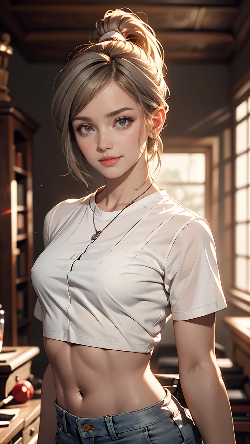 High resolution, masterpiece,highest quality, Super detailed, (Fine grain), (Detailed face), One girl,figure, Gray Hair, Red eyes, Best details, (Glowing Eyes), Flat-breasted, Backlight, (abdomen:1.4), light, High Contrast, colorful,room_Idol, (ponytail:1.2),(Happy:1.2),View your viewers,Upper Body,(White shirt:1.3),(A small hat with bat wings),(Hair Clip:1.2)