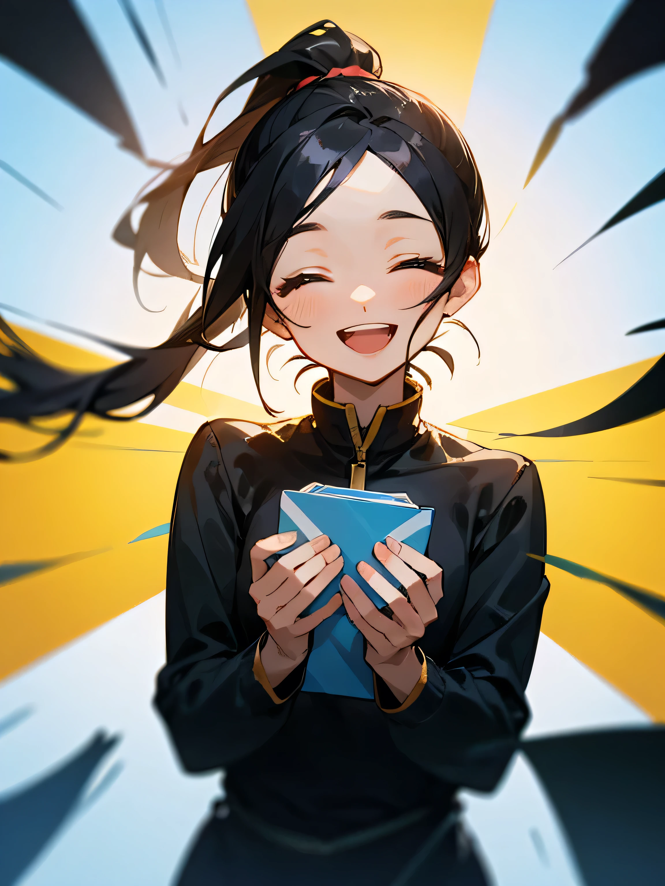 (solo),upperbody, ponytail,black hair, open forehead, beautiful face,closed eyes smile,Black Hair、Shy laugh、Surprise expression、applause,no message,