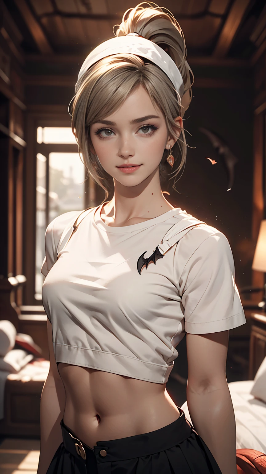 High resolution, masterpiece,highest quality, Super detailed, (Fine grain), (Detailed face), One girl,figure, Gray Hair, Red eyes, Best details, (Glowing Eyes), Flat-breasted, Backlight, (abdomen:1.4), light, High Contrast, colorful,room_Idol, (ponytail:1.2),(Happy:1.2),View your viewers,Upper Body,(White shirt:1.3),(A small hat with bat wings),(Hair Clip:1.2)