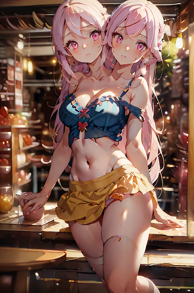 (masterpiece, best quality), best quality, best resolution, (ultra-detailed), (3heads:1.5), 1girl, (hata no kokoro:1.3), masterpiece, best quality, ultra quality, ultra resolution, ultra detail, blue plaid top, crop top, ((stomach)), midriff, ((groin)), salmon-coloured skirt, miniskirt, normal ears, shackles, pale pink hair, very long hair, wavy hair, sidelocks, blue eyes, parted lips, sweat, cute, toned belly, hand on own chest, eyelashes, (24 year old woman:1.3), (masterpiece:1.5), (best quality:1.5), (beautiful detailed), extremely detailed CG, extremely delicate and beautiful, depth of field, (finely detailed face), (perfect details:1.2), (mature female:1.3), wide pelvis, slender, large veiny breast, 16k resolution, highres, high quality, high definition, extremely detailed, masterpiece, pale pink hair, long hair, alluring presence, twin braid, short skirt, close up, big tits, young, waist-length hair,
