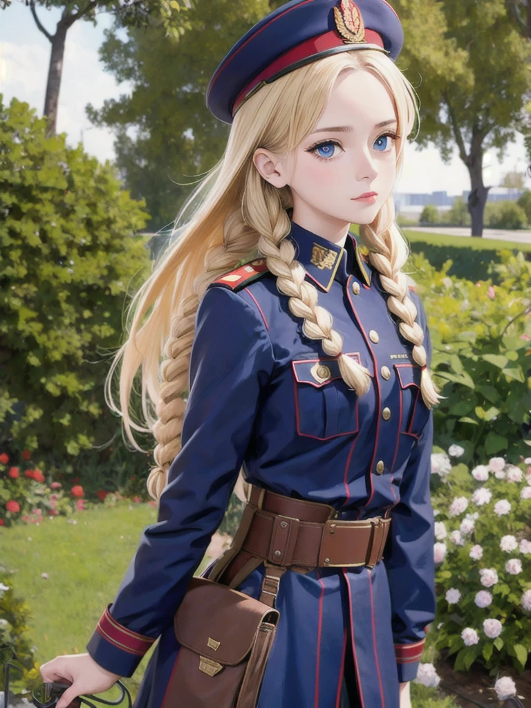 1 girl, One, Soviet Military Uniform, dynamic pose, Best quality, high quality, a high resolution, masterpiece, looking away, face away from the viewer, source_аниме BREAK 1girl, One,Soviet Military Uniform, soviet cap, belt, Blonde hair, long braid, emotions, skirt, blue eyes, stands the will of the weeping willow