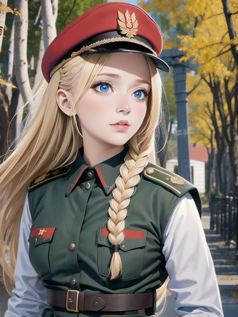 1 girl, One, Soviet Military Uniform, dynamic pose, Best quality, high quality, a high resolution, masterpiece, looking away, face away from the viewer, source_аниме BREAK 1girl, One,Soviet Military Uniform, soviet cap, belt, Blonde hair, long braid, emotions, skirt, blue eyes, stands the will of the weeping willow