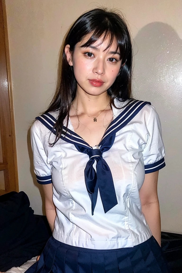 ((8k、High resolution、highest quality、High resolution)))、34 years old、alone、Natural body shape、White skin、Natural Makeup、((Black Hair、bangs、Straight Long Hair))、(((Japanese Sailor Suit)))、((school uniform 、White short-sleeved sailor suit))、((Navy blue pleated skirt))、(Big Breasts:1.3)、((The upper body is wearing a uniform))、(((((Looking at the camera)))))、(((Head to shin portrait)))、(((Exposing your thighs)))、Bedroom、On the bed、sit、((Focus on the crotch))、White socks、(((Small size pure white panties)))
