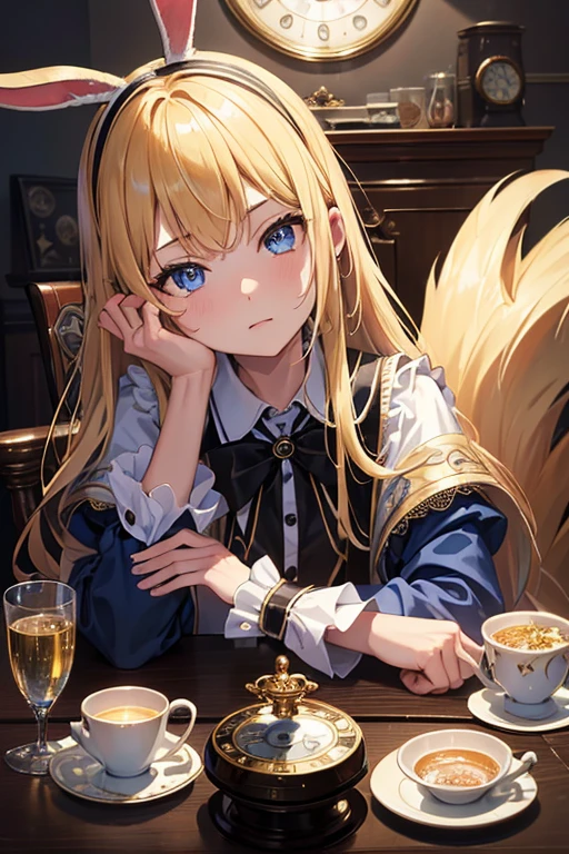 (8k, highest quality, Tabletop:1.2)、Ultra-high resolution、One 12-year-old girl, Detailed face、black eye, Blonde, Long Hair, Alice in Wonderland, rabbit with a clock