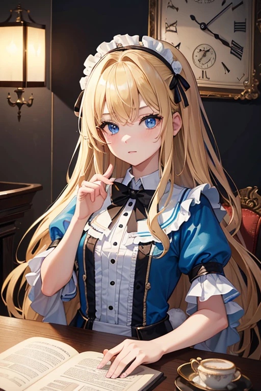 (8k, highest quality, Tabletop:1.2)、Ultra-high resolution、One 12-year-old girl, Detailed face、black eye, Blonde, Long Hair, Alice in Wonderland, rabbit with a clock