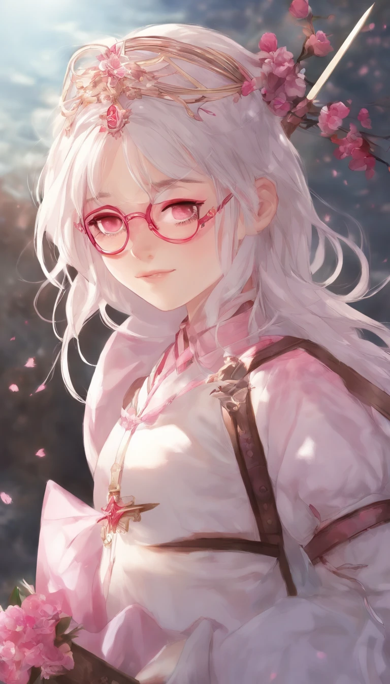 5′ 11″ height, 12 years old girl with glasses and a white hair, pink eyes, who wears pink and holds an sword in the shape of a crucifix, just her head and shoulders, with color palette, a spike headband, watercolor anime