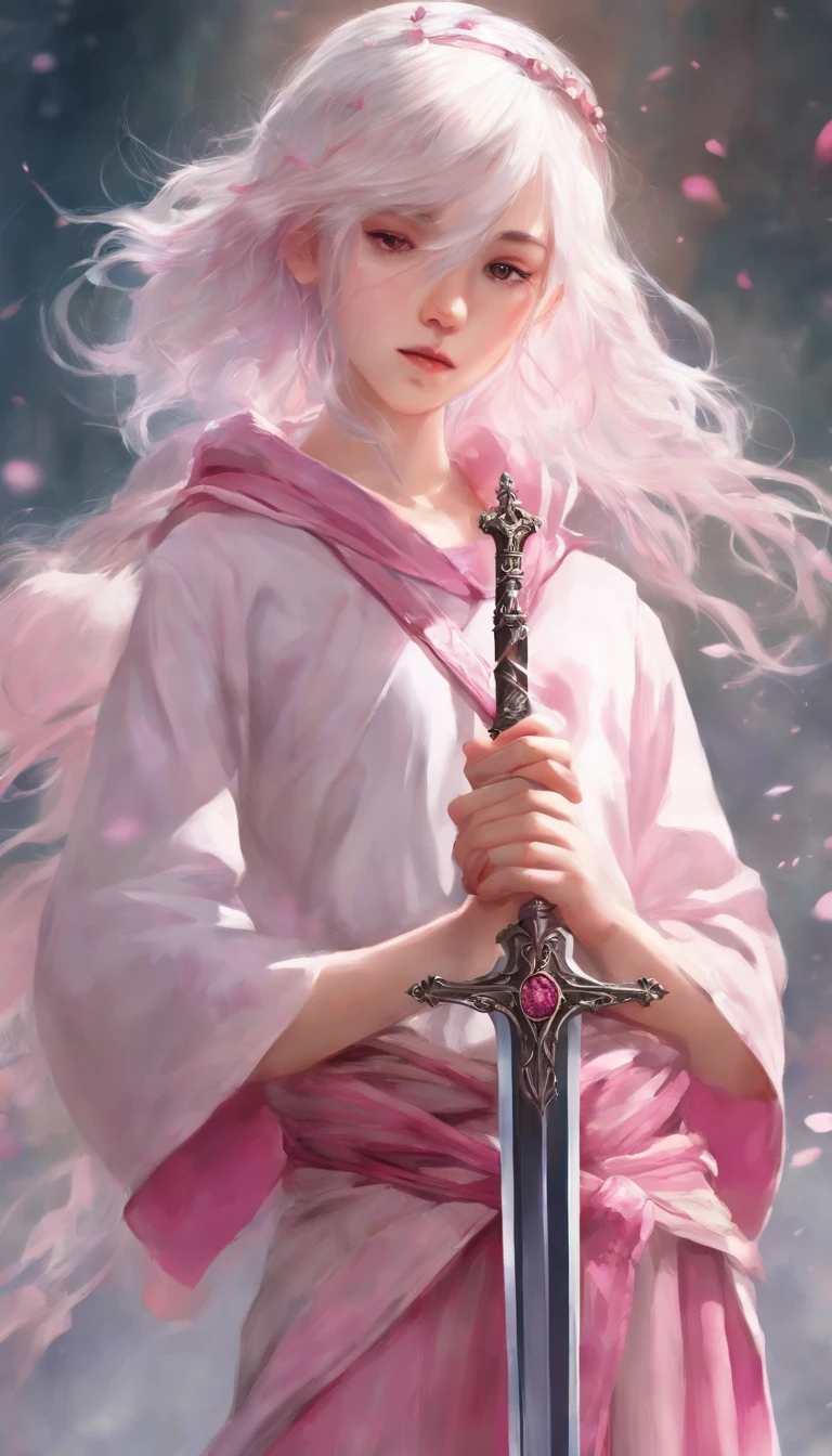 5′ 11″ height, 12 years old girl with glasses and a white hair, pink eyes, who wears pink and holds an sword in the shape of a crucifix, just her head and shoulders, with color palette, a spike headband, watercolor anime