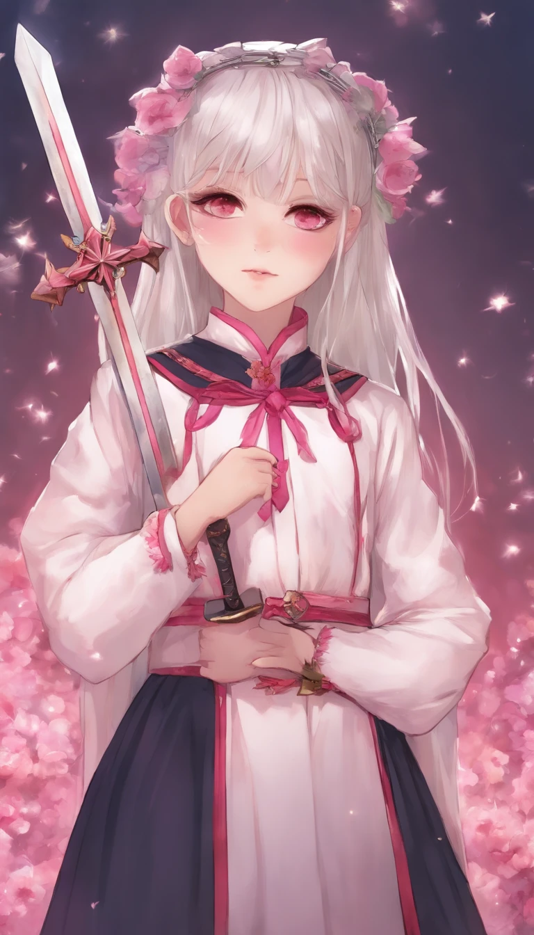 5′ 11″ height, 12 years old girl with glasses and a white hair, pink eyes, who wears pink and holds an sword in the shape of a crucifix, just her head and shoulders, with color palette, a spike headband, watercolor anime
