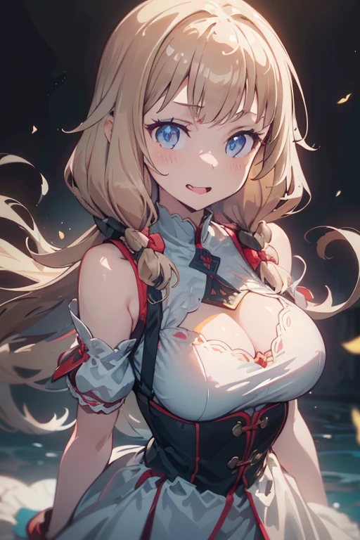 (Masterpiece: 1.2), Best Quality, (Illustration: 1.2), Eye Focus, (Ultra Detailed), Ultra Detail, (Fine Detail), (Intricate Detail), (Cinematic Light, Best Quality Backlight), Clear Lines, Solo Female, Solo Female, Perfect Figure, (1 Girl), High Contrast, (Best Lighting, Extremely Delicate and Beautiful), ((Cinematic Light)), Powerful, Absolutely Striking, Dynamic Angle, Gorgeous Background, cute Teeth, Open Mouth, mischievous smile, close-up, depth of field, close-up of a long-haired character. A cute tongue sticks out of the mouth, long hair, big breasts, short sleeves, dress, bare shoulders, braids, porcelain clothes