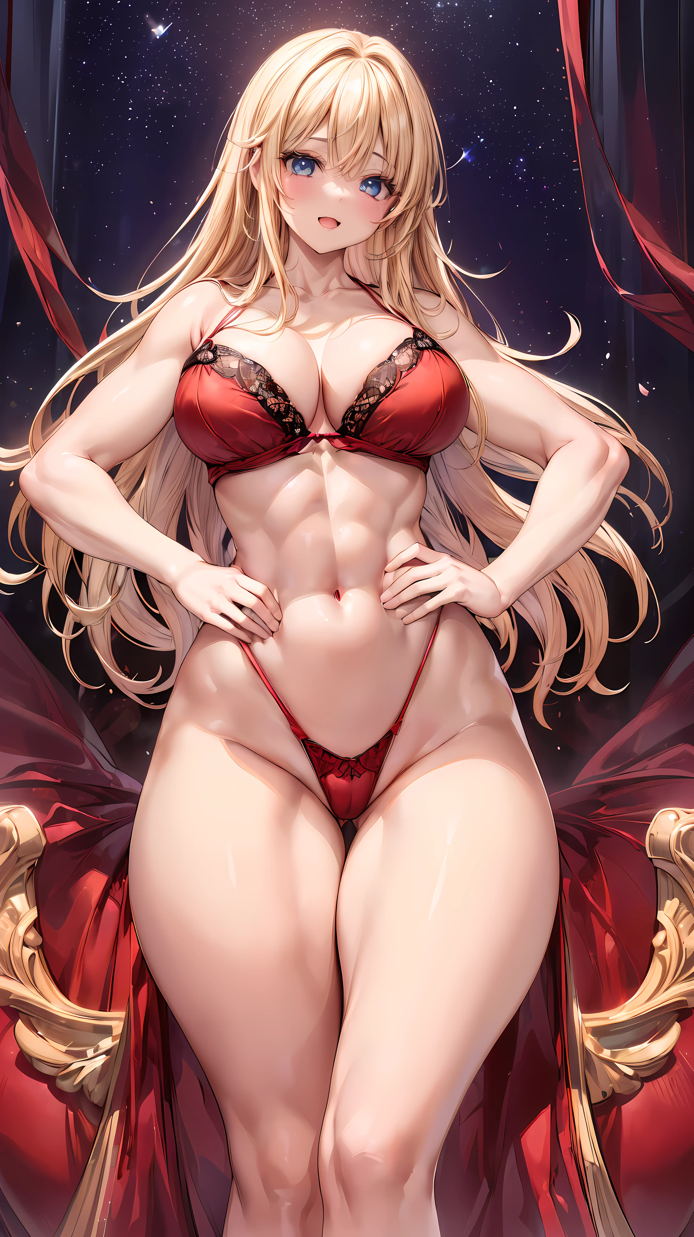 (Adult women:1.5)、Very detailed、highest quality、Best image quality、masterpiece、8k、Anime Face、A kind smile、(Open your mouth:1.3)、Sparkling blue eyes、(Blonde Hair:1.5)、Muscles of the whole body、(High leg:1.5)、Thigh belt、(Wearing red lingerie:1.5)、(Cowboy Shot:1.5)、(SFW Giant)、(Put your hands on your hips)、(Thick body:1.5)