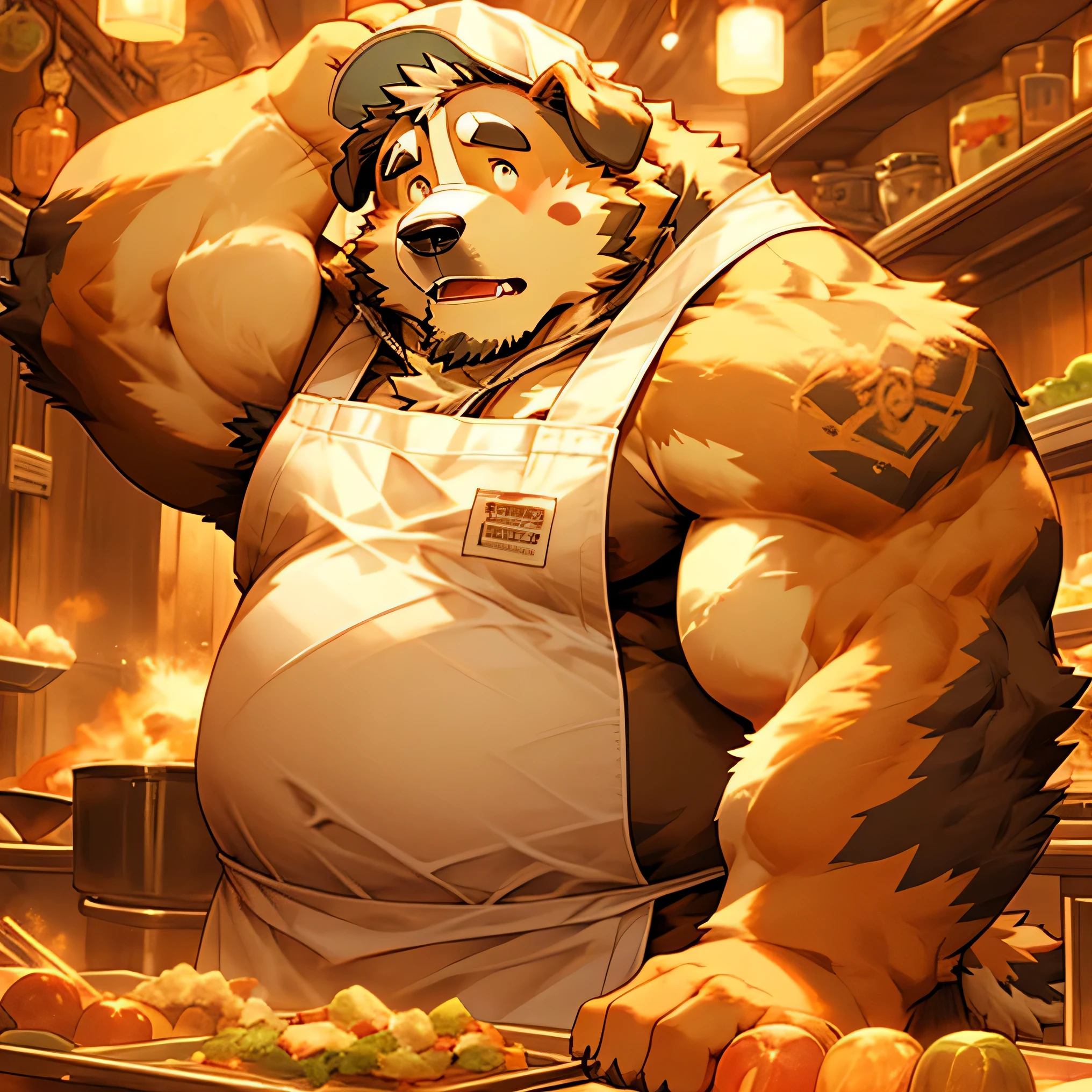 chef's cap, man, alone, apron, kemono, from below, barazoku, looking up, furry dog (Saint Bernard breed), hairy, muscular body, fat (fat, fat)