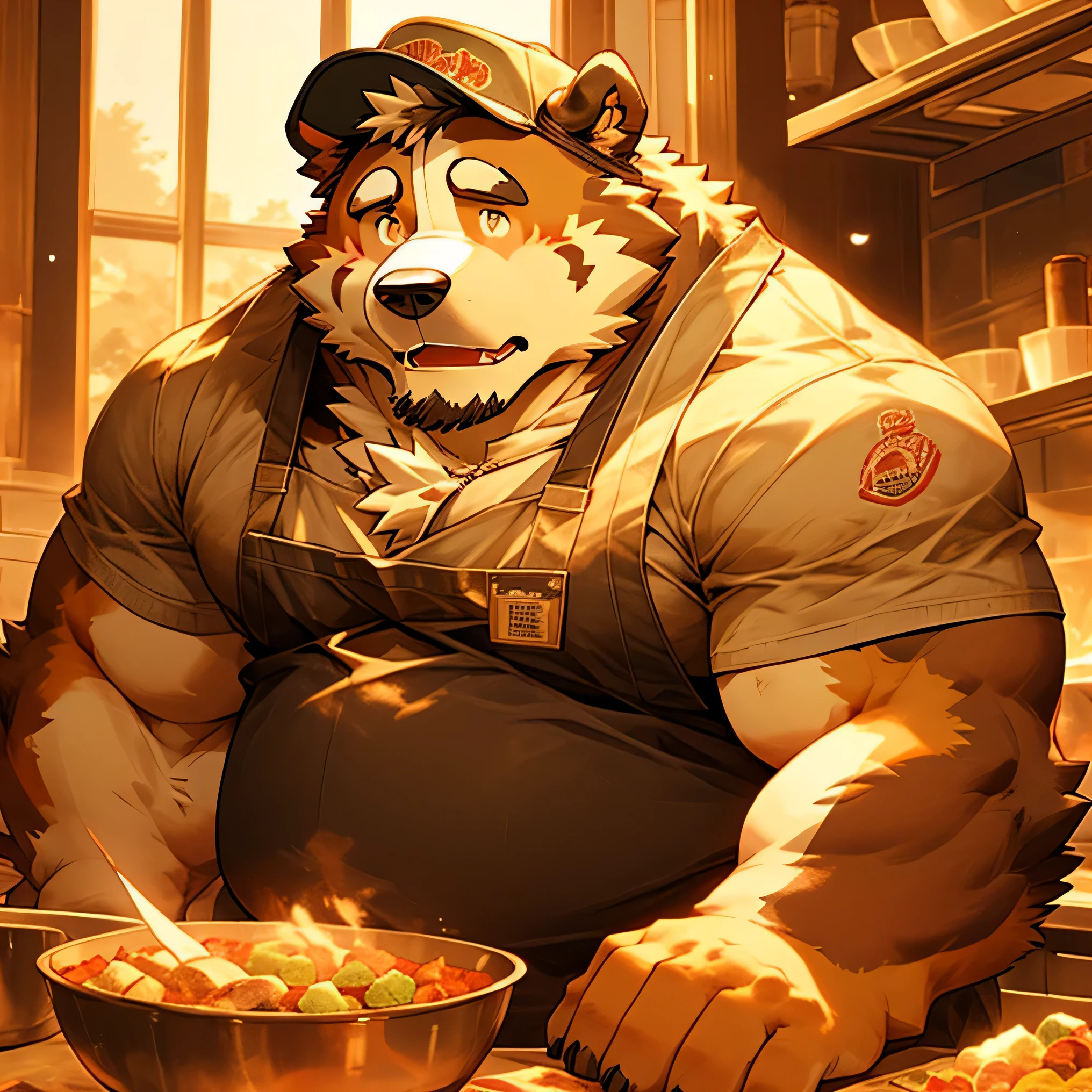 chef's cap, man, alone, apron, kemono, from below, barazoku, looking up, furry dog (Saint Bernard breed), hairy, muscular body, fat (fat, fat)
