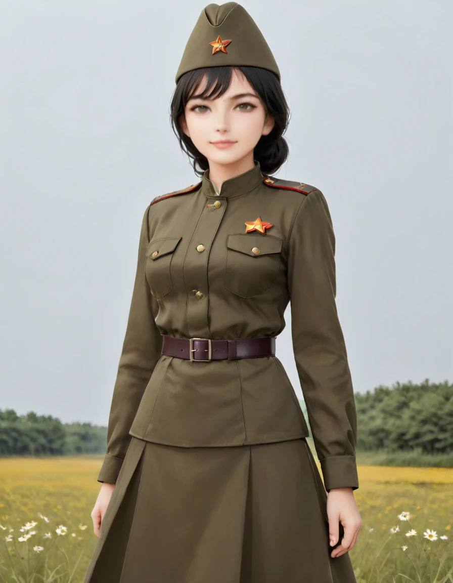 1 girl, One, Soviet military uniform, dynamic pose, Best quality, high quality, high resolution, masterpiece, looks away, turning away from the viewer, source: 1 girl, one, Soviet military uniform, Soviet cap, belt, black hair, ponytail hairstyle, emotions, skirt, green eyes, standing on a field of daisies