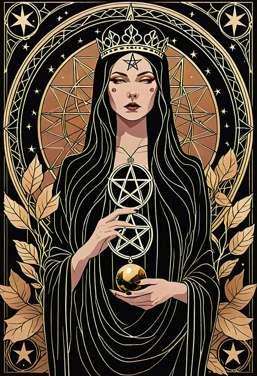 tarot card, chiaroscuro technique on sensual illustration of an queen of pentacle, vintage queen, earthy eerie, matte painting, by Hannah Dale, by Harumi Hironaka, extremely soft colors, hint of gold vibrant, highly detailed, digital artwork, high contrast, dramatic, refined, tonal, highest quality,anatomy correct,ultra-wide-angle,depth of fields. Holding the pentacles, earthy tone theme. Burnt sieana