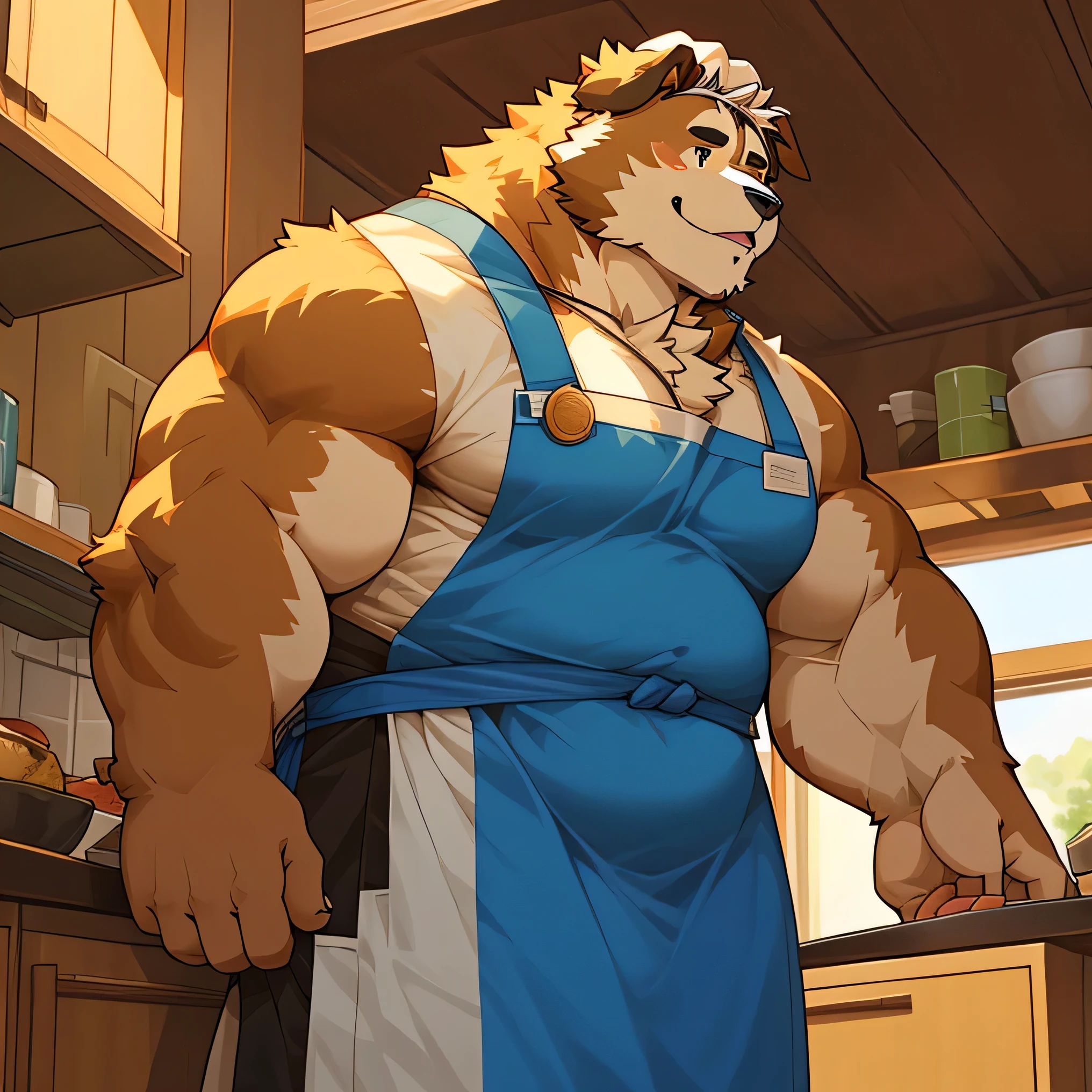 chef's cap, man, alone, apron, kemono, from below, barazoku, looking up, furry dog (Saint Bernard breed), hairy, muscular body, fat (fat, fat)