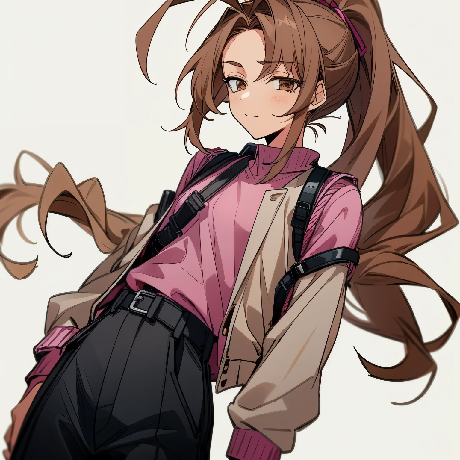 ((masterpiece, best quality)), (1girl), (solo), (female focus) (adult woman), (ahoge, brown hair, long hair, ponytail), pale skin, brown eyes, brown hair a little wavy, parted bangs, long locks, little smile, medium bust, C cup (dark pink sweater, (black sleeveless jacket), Sassy female character, (open jacket), ((black pants)) (harness in the chest area), standing, white background