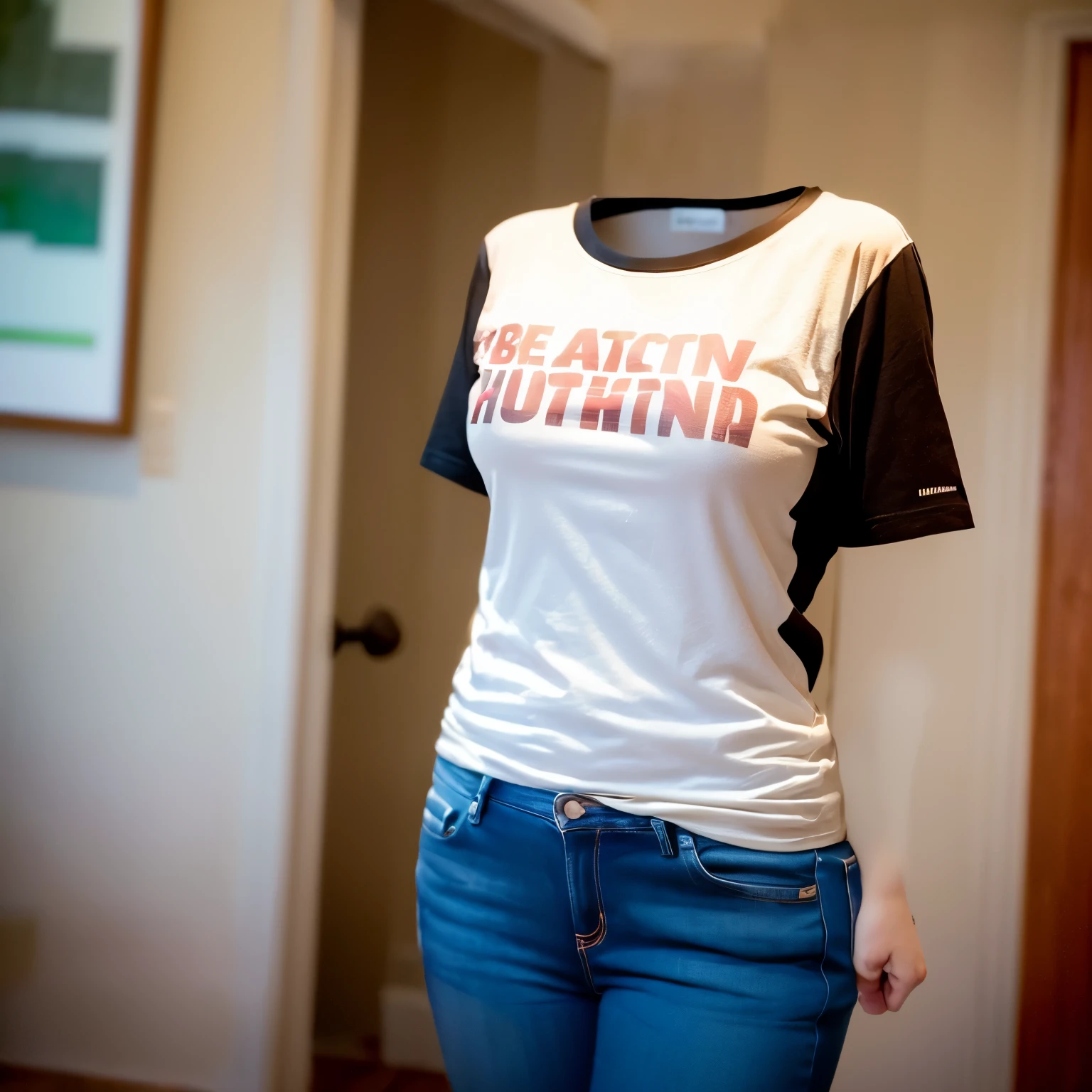 t-shirt, pants, lean backward, cute big breasts, (invisible, no human, headless, handless:1.5), (8k, RAW photo, best quality, masterpiece:1.2), (realistic, photo-realistic:1.37), photon mapping, radiosity, ((Hasselblad photography)), physically-based rendering