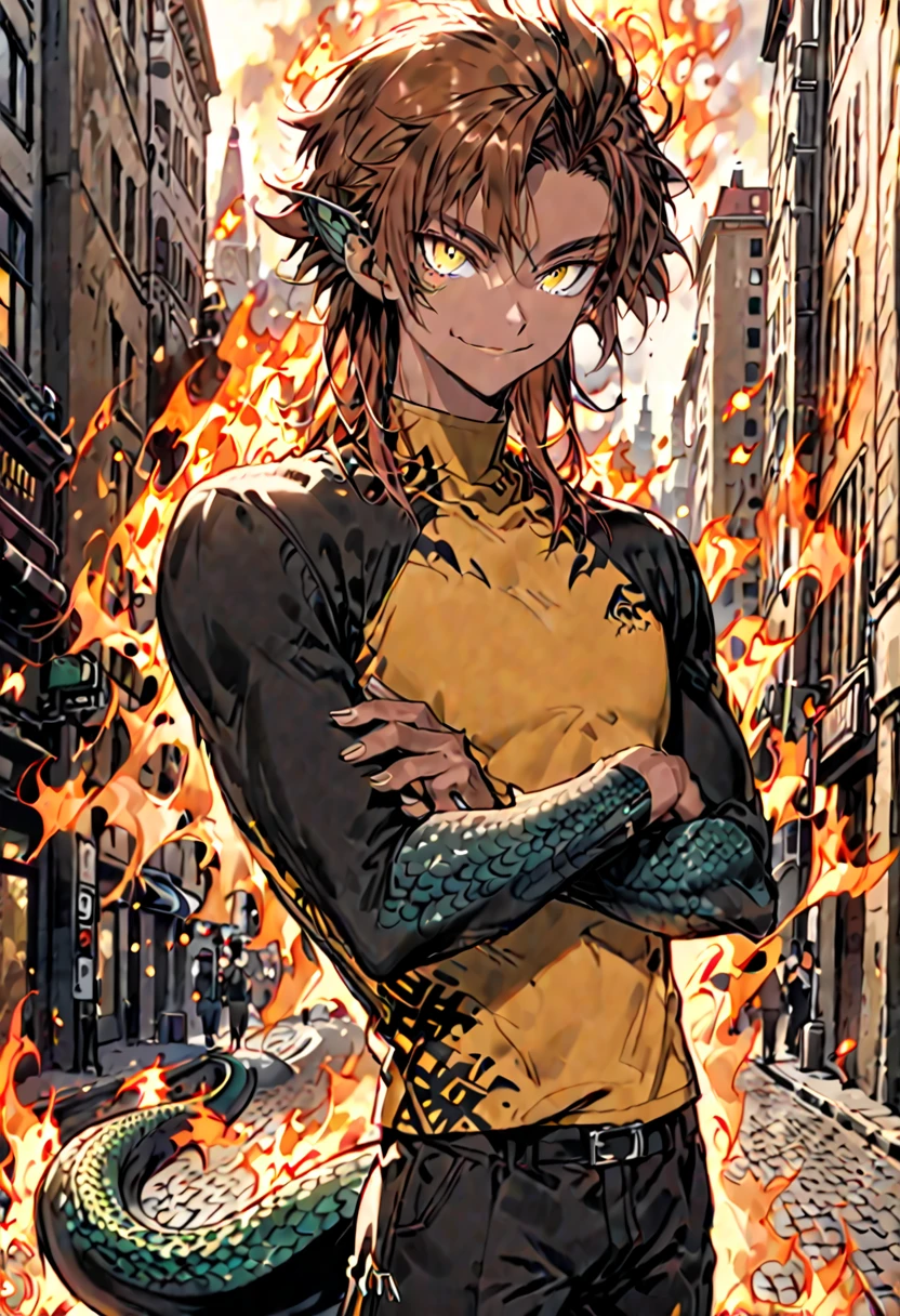 male, solo, very tall, large, human face:1.4, human torso, slim waist, fit, long messy auburn hair, yellow eyes, slit pupils, brown lizard tail, fire tail, clawed hands, scales:0.2, tan skin, broad shoulders, clean shaven, auburn head fins, smile, crossed arms, fit arms:0.7, relaxed, gold eyes, slit pupils, casual clothes, city