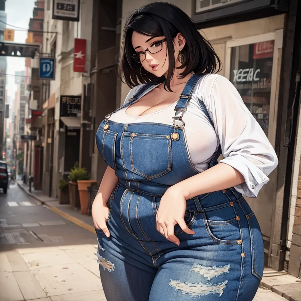 girl with shirt, overalls skirt, massive long wide fat breasts, deep cleavage, cityscape, flirtatious look, ((very detailed)), (perfectly detailed face), (well detailed hand) photorealistic image, plump chubby belly, very wide hips, thick plump thighs, massive plump fat wide round ass, mature mother, plump motherly body, plus size model, tight clothes, form fitting clothes, revealing clothes,