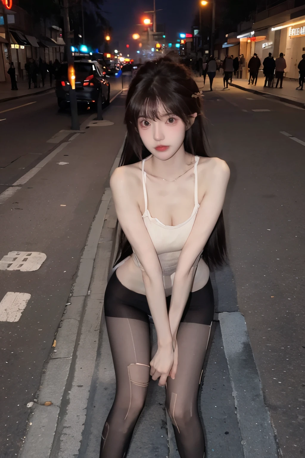 Beautiful woman with perfect body:1.4,Layered Hairstyle,Prominent cleavage,Highly detailed face and skin textures,Double eyelids,Skin Whitening,Long hair,Whitened long legs,Black pantyhose,Stand on the street