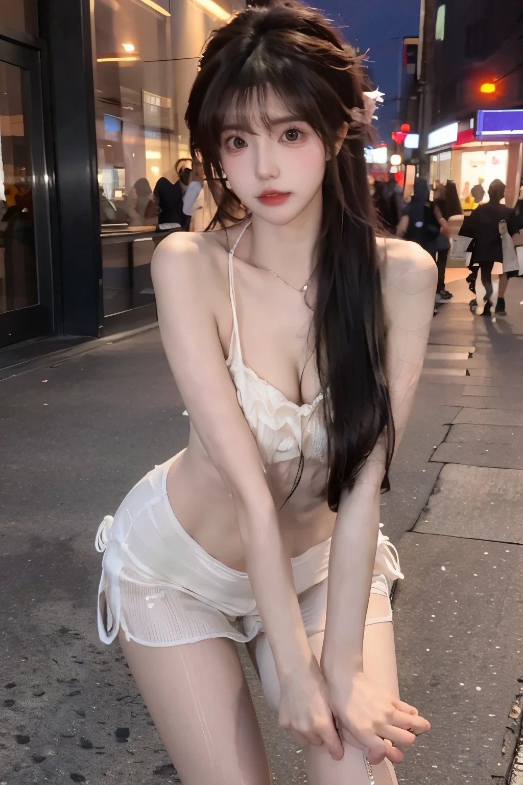 Beautiful woman with perfect body：1.4，Layered Hairstyle，Prominent cleavage，Highly detailed face and skin textures，Double eyelids，Skin Whitening，Long hair，Whitened long legs，Black pantyhose，Stand on the street