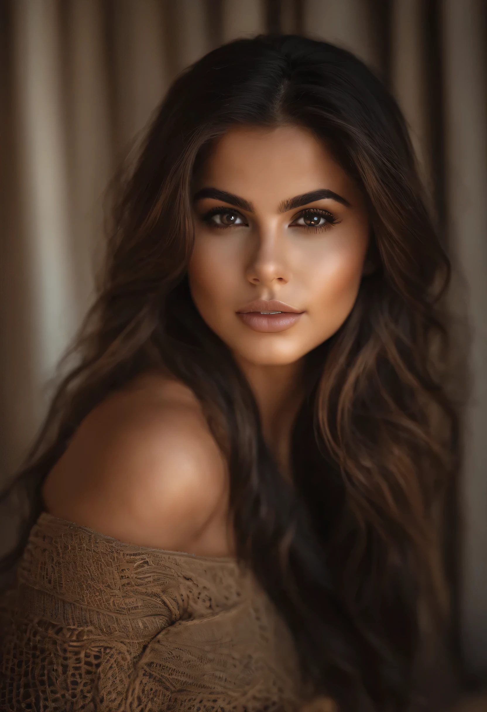 Arafed woman completely , Latine , fille sexy aux yeux marron, hispanique , ultra realistic, meticulously detailed, Portrait Selena Gomez, cheveux bruns et grands yeux, selfie d'une jeune femme, The eyes of Dubai, , sans maquillage, maquillage naturel, regarder directement la caméra, Visage avec Artgram, Maquillage subtil, Superbe photo du corps entier , dans la chambre, Medium to large bust
