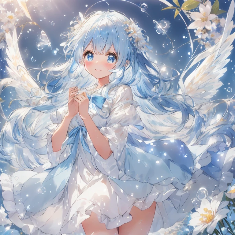 A dreamy, sparkling, cute atmosphere filled with lots of magical soap bubbles floating in the air. A moe anime style bishoujo with big sparkling blue eyes and a fluffy appearance. Full body. A sparkling smiling face. She wears a light blue dress with detailed and delicate ruffles, and many ribbons and flower-shaped ornaments. She has fantastic, fine translucent white wings and an aura of magical light that accentuates the fantastic atmosphere. Her hair is voluminous and long wavy, with ribbons to match, giving her a cute and whimsical look. The background is a dreamy field of flowers and soap bubbles floating in many fluffy bubbles with sparkling light, and the soft light blue color enhances her fantastic and gentle atmosphere. (( highest image quality, highest quality ))