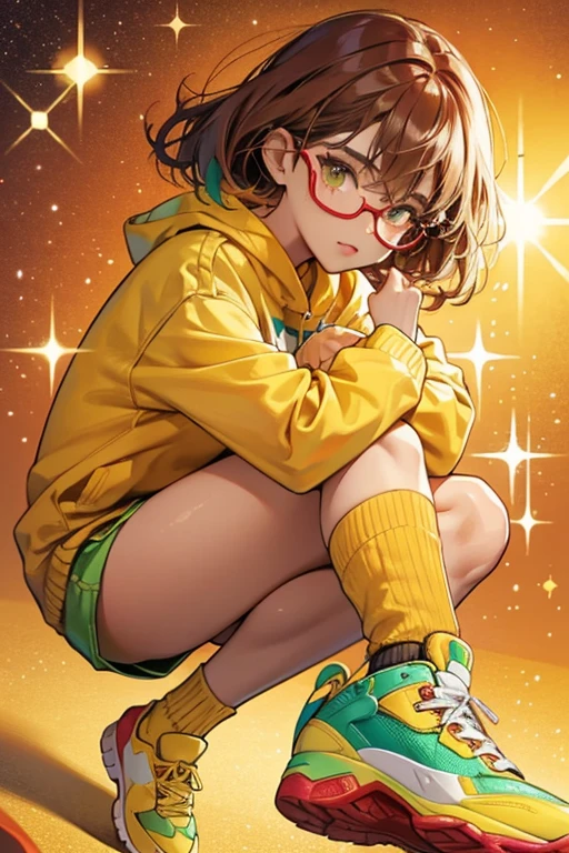 Bailey has brown skin and wears red glasses. She wears a yellow long sleeve sweater with green shorts and yellow shoes and socks. SPARKLE; GLITTER