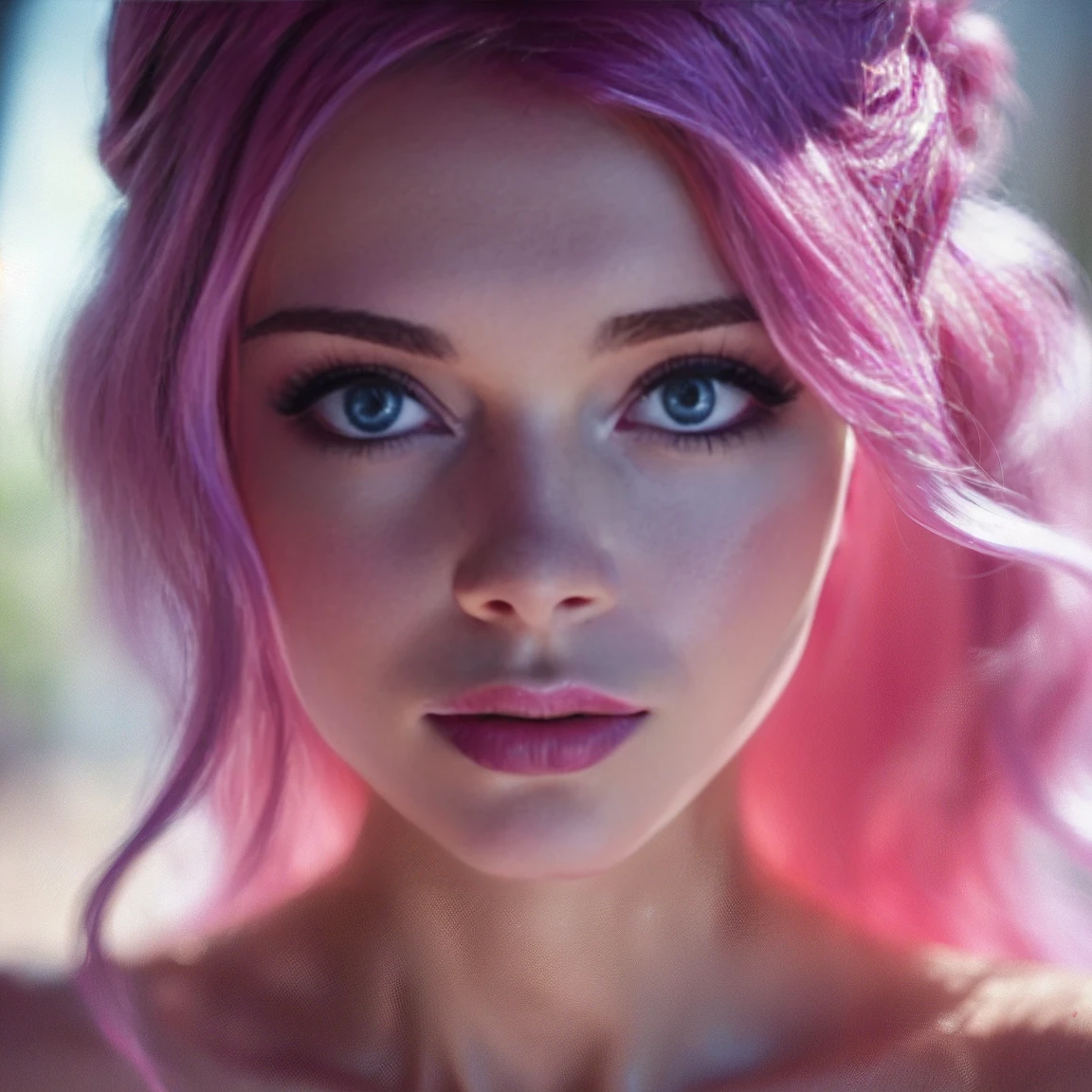 (((ultra realistic))) Photo, masterpiece, top quality, (pale skin), (Ultra detailed face and eyes:1.3), 1 girl, Adult, in a dress, ((Eye makeup, pink mascara)), ((large detailed lips)), ((Pink wavy hair)), ((Stylish hairstyle)) , (Natural breasts). ((Posing)), photoshoot, (Soft) Lighting, (The play of light and shadows), depth of field, bokeh, (special attention to skin detail: 1.2), Detailed leather texture, skin pores. (Erotic atmosphere of the frame. Color range - purple, Pink, white tones), UDR, ((Film grain)), ((rays)), (Glare), ((close-up portrait, close to the camera)) , ultra detialed,