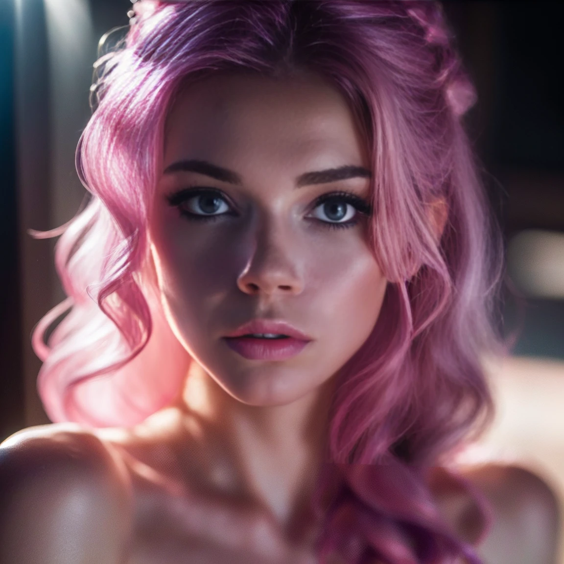 (((ultra realistic))) Photo, masterpiece, top quality, (pale skin), (Ultra detailed face and eyes:1.3), 1 girl, Adult, in a dress, ((Eye makeup, pink mascara)), ((large detailed lips)), ((Pink wavy hair)), ((Stylish hairstyle)) , (Natural breasts). ((Posing)), photoshoot, (Soft) Lighting, (The play of light and shadows), depth of field, bokeh, (special attention to skin detail: 1.2), Detailed leather texture, skin pores. (Erotic atmosphere of the frame. Color range - purple, Pink, white tones), UDR, ((Film grain)), ((rays)), (Glare), ((close-up portrait, close to the camera)) , ultra detialed,