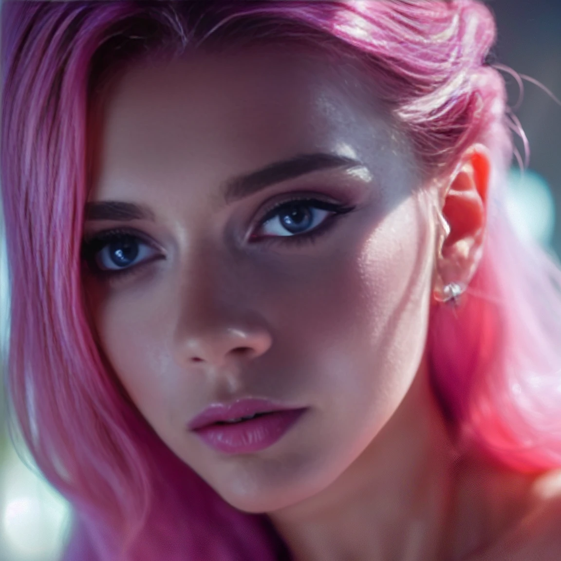 (((ultra realistic))) Photo, masterpiece, top quality, (pale skin), (Ultra detailed face and eyes:1.3), 1 girl, Adult, in a dress, ((Eye makeup, pink mascara)), ((large detailed lips)), ((Pink wavy hair)), ((Stylish hairstyle)) , (Natural ). ((Posing)), photoshoot, (Soft) Lighting, (The play of light and shadows), depth of field, bokeh, (special attention to skin detail: 1.2), Detailed leather texture, skin pores. (Erotic here of the frame. Color range - purple, Pink, white tones), UDR, ((Film grain)), ((rays)), (Glare), ((close-up portrait, close to the camera)) , ultra detialed,