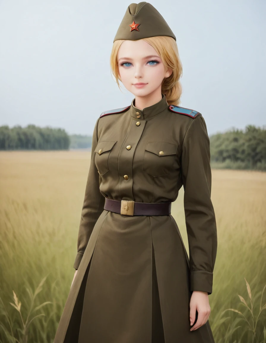 1 girl, One, Soviet Military Uniform, dynamic pose, Best quality, high quality, a high resolution, masterpiece, looking away, face away from the viewer, source_аниме BREAK 1girl, One,Soviet Military Uniform, soviet cap, belt, Blonde hair, long braid, emotions, skirt, blue eyes, stands the will of the weeping willow