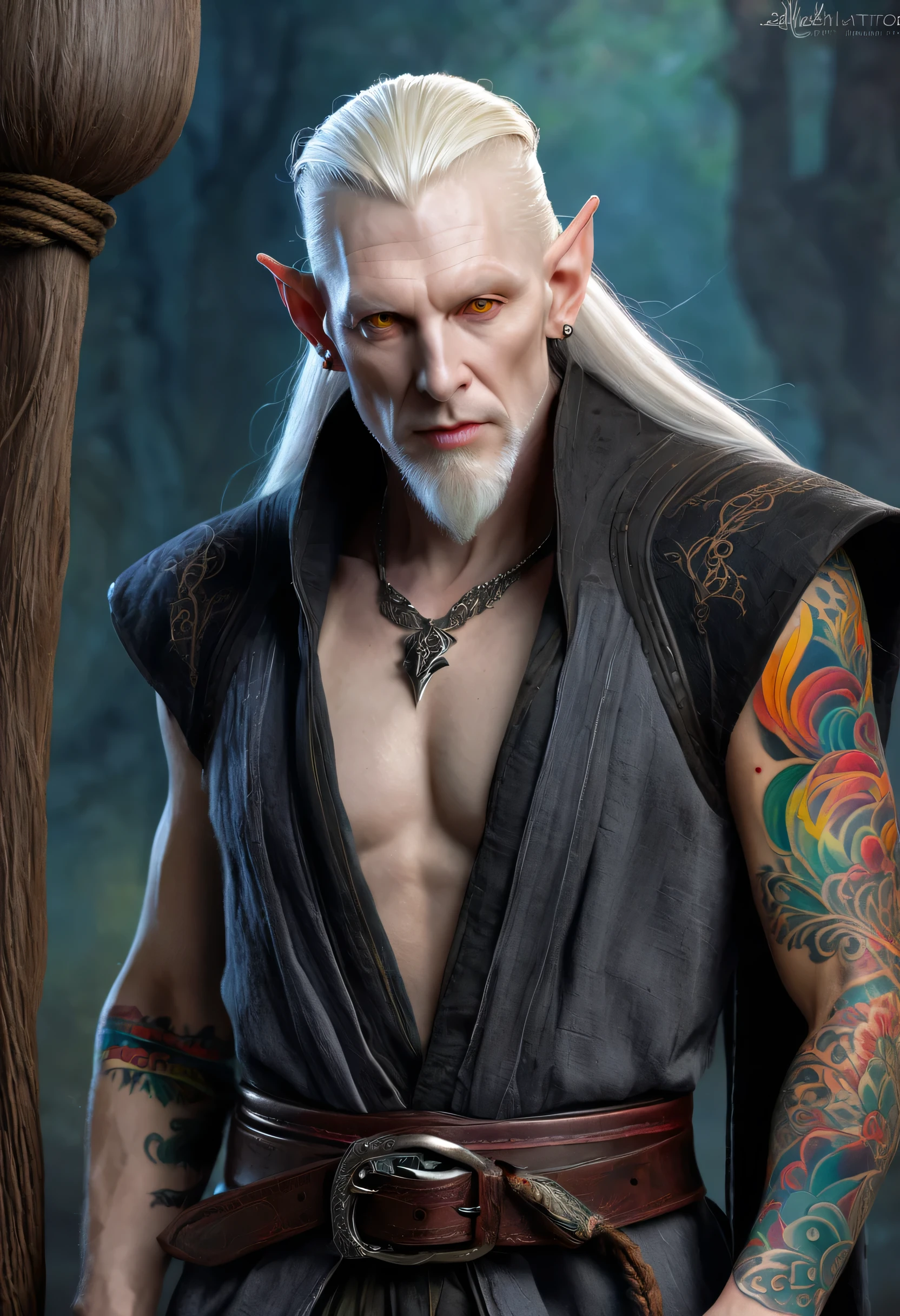 ((Male wood elf, elven, vampire, horror)), (Artstation:1.1), (great eye detail:0.7), solo, masculine, skinny, looking at viewer, photorealistic, 8k, highly detailed, full body, ((40 years old, ashen albino skin, long gray hair ponytail, iron eyes, (upset, rough black burlap robe, rope belt, (((baleful, colorful tattoo:1.7)))), inspired Bram Stoker))
