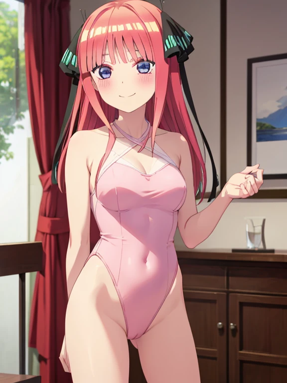 best quality, ultra-detailed masterpiece, nino nakano, blush, smile, (pink leotard:1.2), halter neck,???? shoulders, ?????????