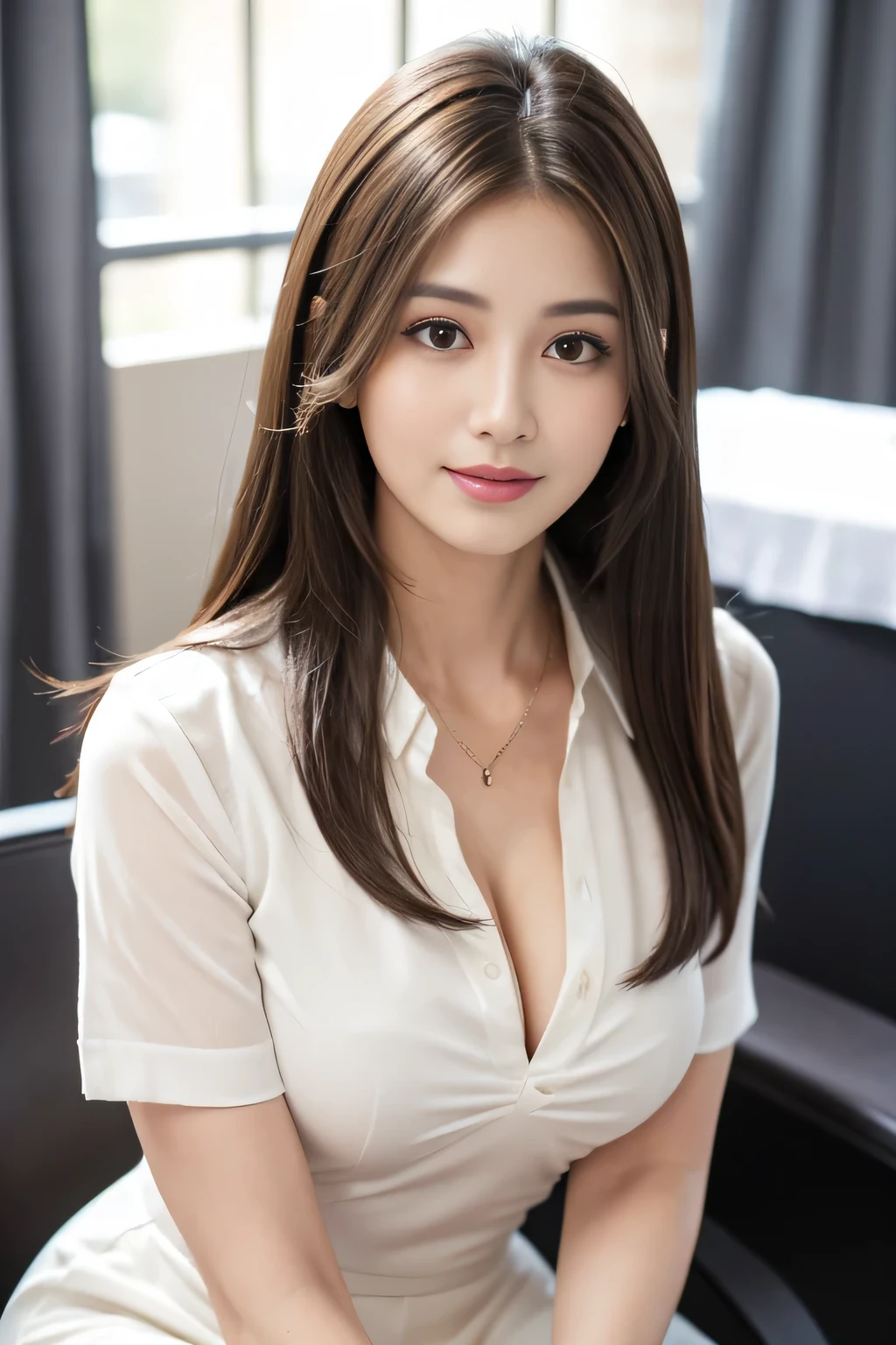 (RAW Photos), (Realistic), (masterpiece), (highest quality), High resolution, 8k, (Intricate details), (Volumetric Light), Portraiture, woman, Age 35, Medium Hair, Straight hair, Medium Chest, Accentuate your cleavage, Layered Hair, Brown Hair, Very beautiful eyes, Source order, Very thin eyebrows, Very fine skin, Very beautiful mouth, Very nice nose, Cute like an idol, smile, (Thick lips), (Looking at the audience), (White collared dress shirt), Above the knee shot,