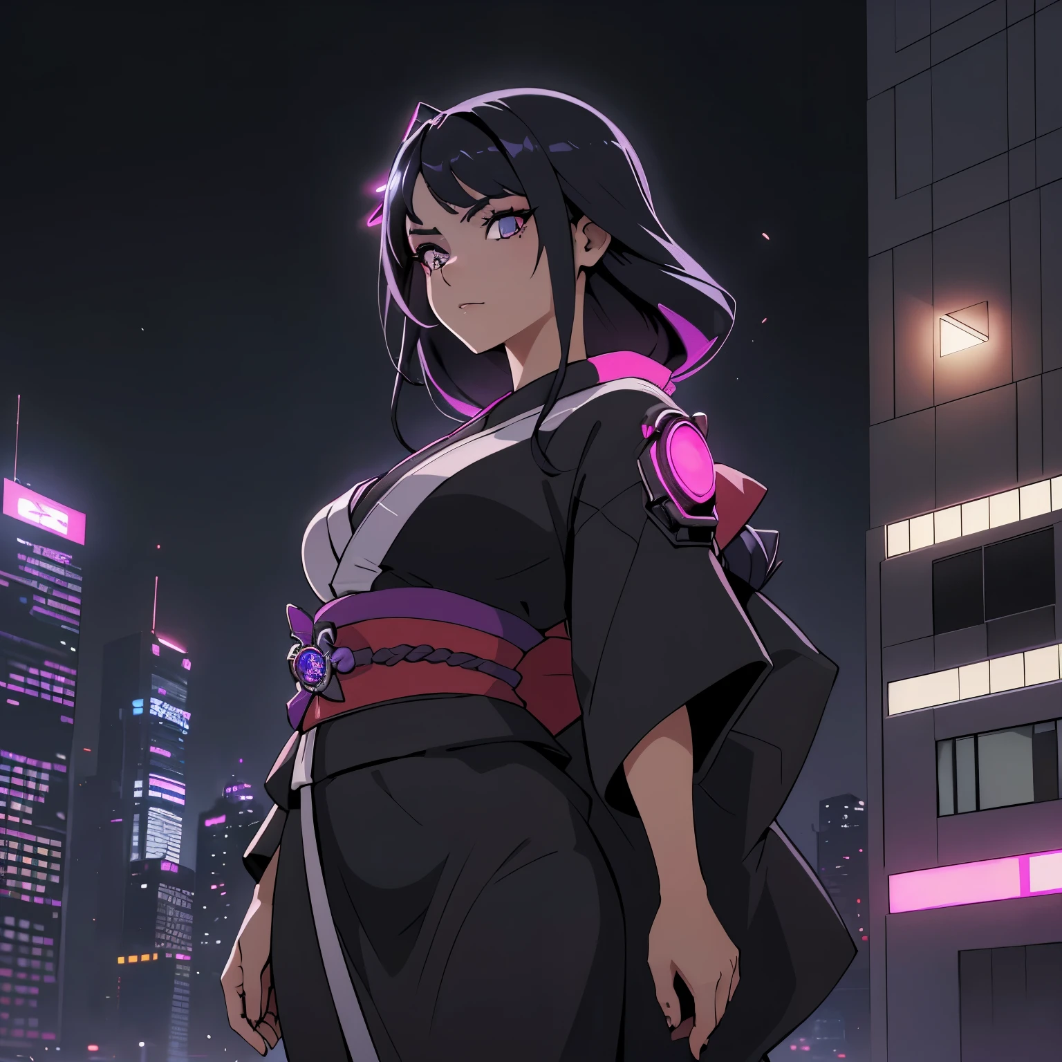 anime, (obra de arte, melhor qualidade, ultra-detalhado, alto contraste), 1 mulher (Sozinho, corpo todo, corpo plus size, standing on the edge of the skyscraper, cabelo prateado, CABELO LONGO E FLUXO, olhos vermelhos brilhantes de rubi, (Kimono preto, black cybernetics with neon pink), meias pretas transparentes), (skyscraper roof, com vista para uma cidade, fundo detalhado ((night time, Darkness, low light pollution)))