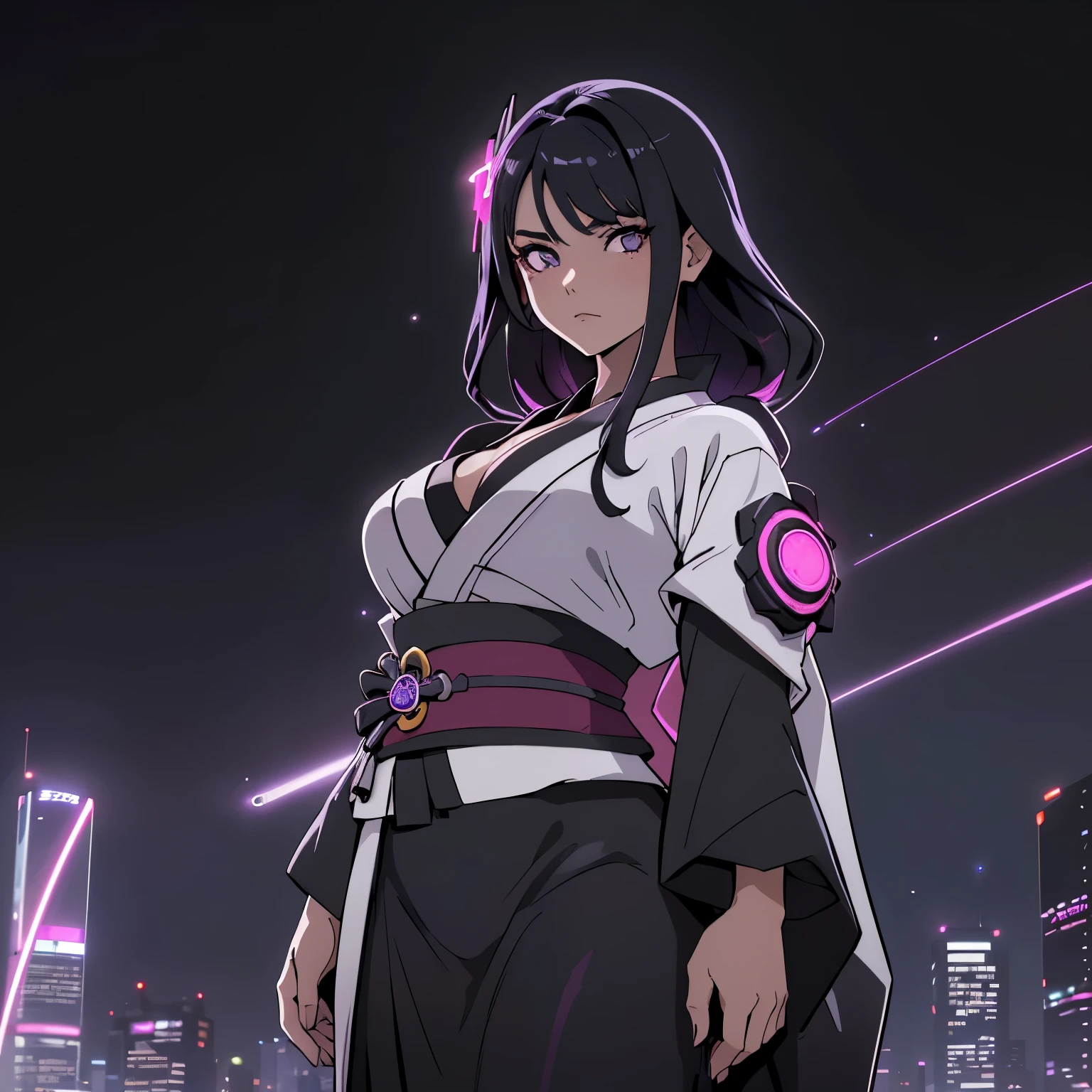 anime, (obra de arte, melhor qualidade, ultra-detalhado, alto contraste), 1 mulher (Sozinho, corpo todo, corpo plus size, standing on the edge of the skyscraper, cabelo prateado, CABELO LONGO E FLUXO, olhos vermelhos brilhantes de rubi, (Kimono preto, black cybernetics with neon pink), meias pretas transparentes), (skyscraper roof, com vista para uma cidade, fundo detalhado ((night time, Darkness, low light pollution)))
