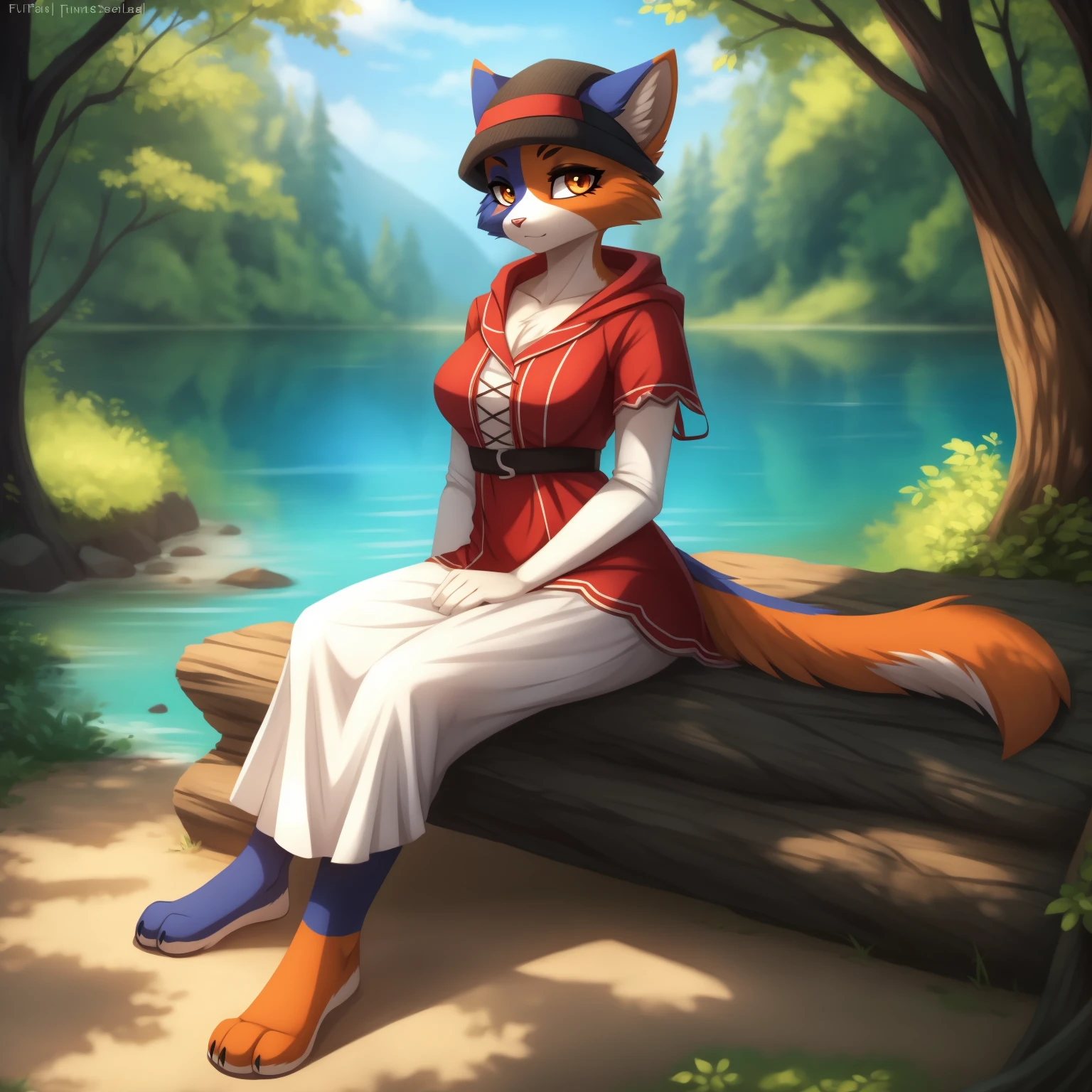 By zinfyuu on pixiv,by twistedscarlet60, uploaded on pixiv, by fluff-kevlar, (masterpiece), (best quality), (anthro furry:1.3, snout:1.2, anthro:1.3, furry:1.2, solo female:1.2), (extremely detailed:1.3), (orange_detailed_eye), wearing white dress, sfw, forest, sitting, lake, nature beauty, view on viewer, meowskulls