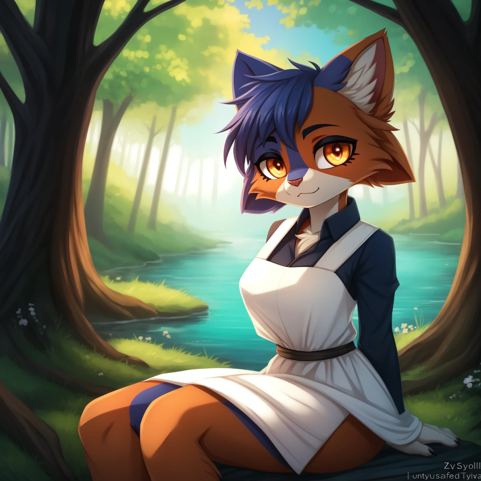 By zinfyuu on pixiv,by twistedscarlet60, uploaded on pixiv, by fluff-kevlar, (masterpiece), (best quality), (anthro furry:1.3, snout:1.2, anthro:1.3, furry:1.2, solo female:1.2), (extremely detailed:1.3), (orange_detailed_eye), wearing white dress, sfw, forest, sitting, lake, nature beauty, view on viewer, meowskulls, multicolored fur
