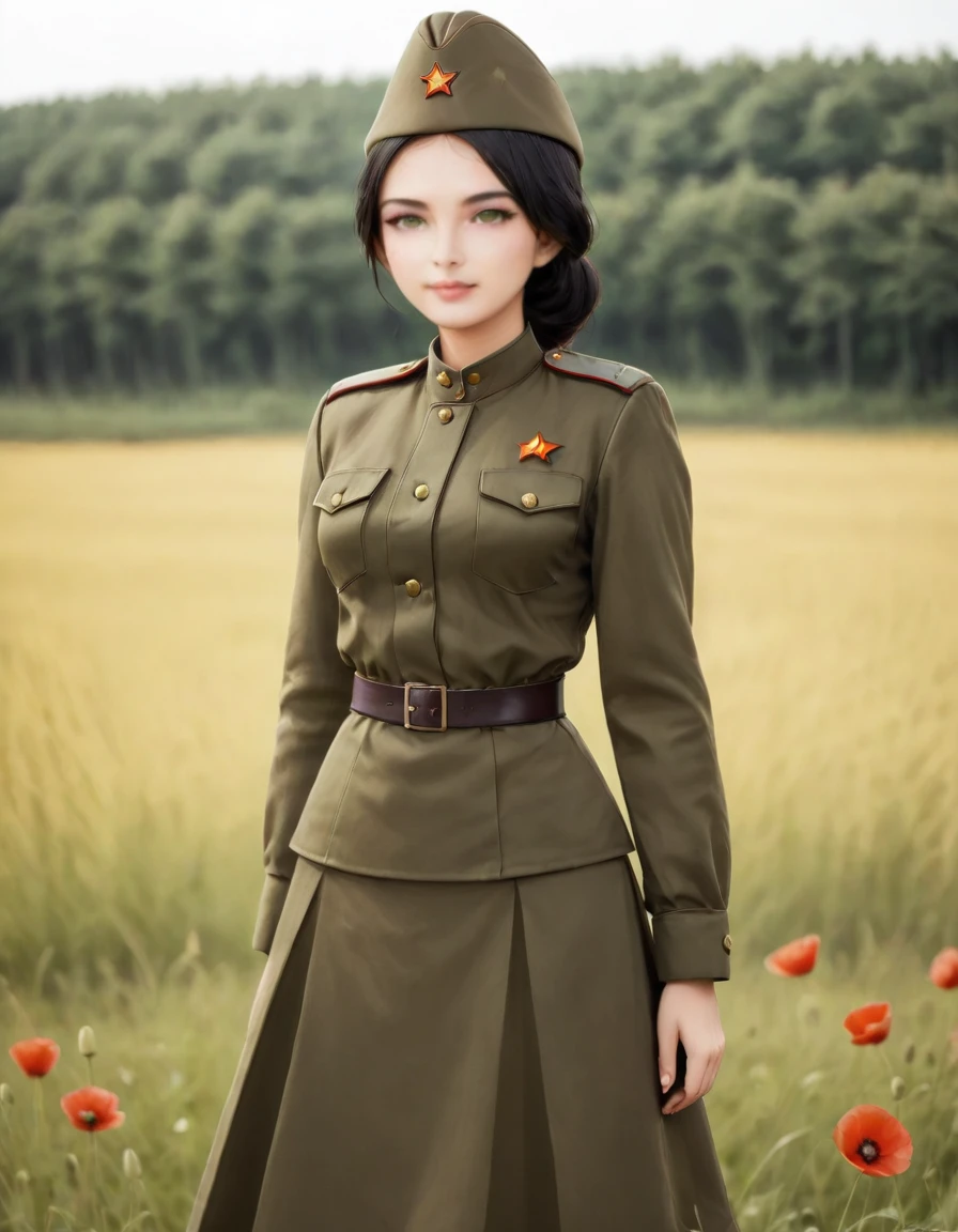 1 girl, One, Soviet Military Uniform, dynamic pose, Best quality, high quality, a high resolution, masterpiece, looking away, face away from the viewer, source_аниме BREAK 1girl, One,Soviet Military Uniform, soviet cap, belt, black hair, hairstyle ponytail, emotions, skirt, green eyes, standing in a field of poppies