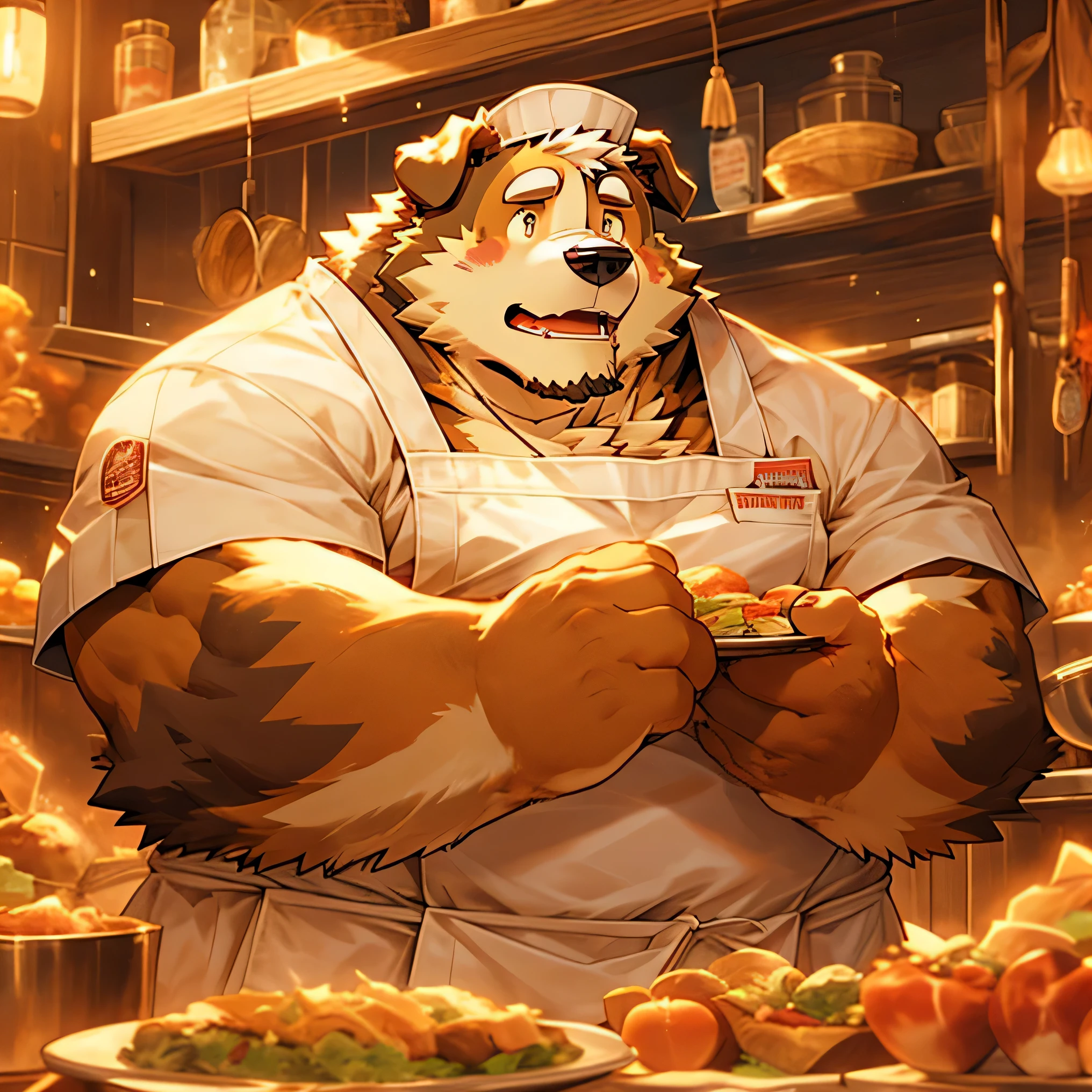 chef's cap, man, alone, apron, kemono, from below, barazoku, looking up, furry dog (Saint Bernard breed), hairy, muscular body, fat (fat, fat)