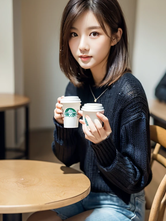 ((Tabletop,highest quality)), (Like the picture:1.4),((Tabletop,8k))、White wall、(White Room)、((Full body photo))、Photographed in natural light、Highly detailed face and skin texture、Highly detailed lips、The correct state of the human body、Ultra-high resolution、(Photorealistic:1.4)、highest quality, One beautiful woman, 21 years old, s, 80mm lens、Black sweater、White boa knit、jeans、boots、Japanese women、(Dark brown hair)、Various poses、Looking at the camera、Natural color lip、年齢は21 years old、university student、Starbucks part-time job