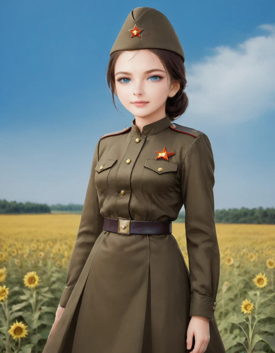 1 girl, One, Soviet Military Uniform, dynamic pose, Best quality, high quality, a high resolution, masterpiece, I look at the viewer, facing the viewer,, source_аниме BREAK 1girl, One,Soviet Military Uniform, soviet cap, belt, Brown hair, hairstyle ponytail, Look at the viewer, emotions, skirt, Blue eyes, standing in a field of sunflowers