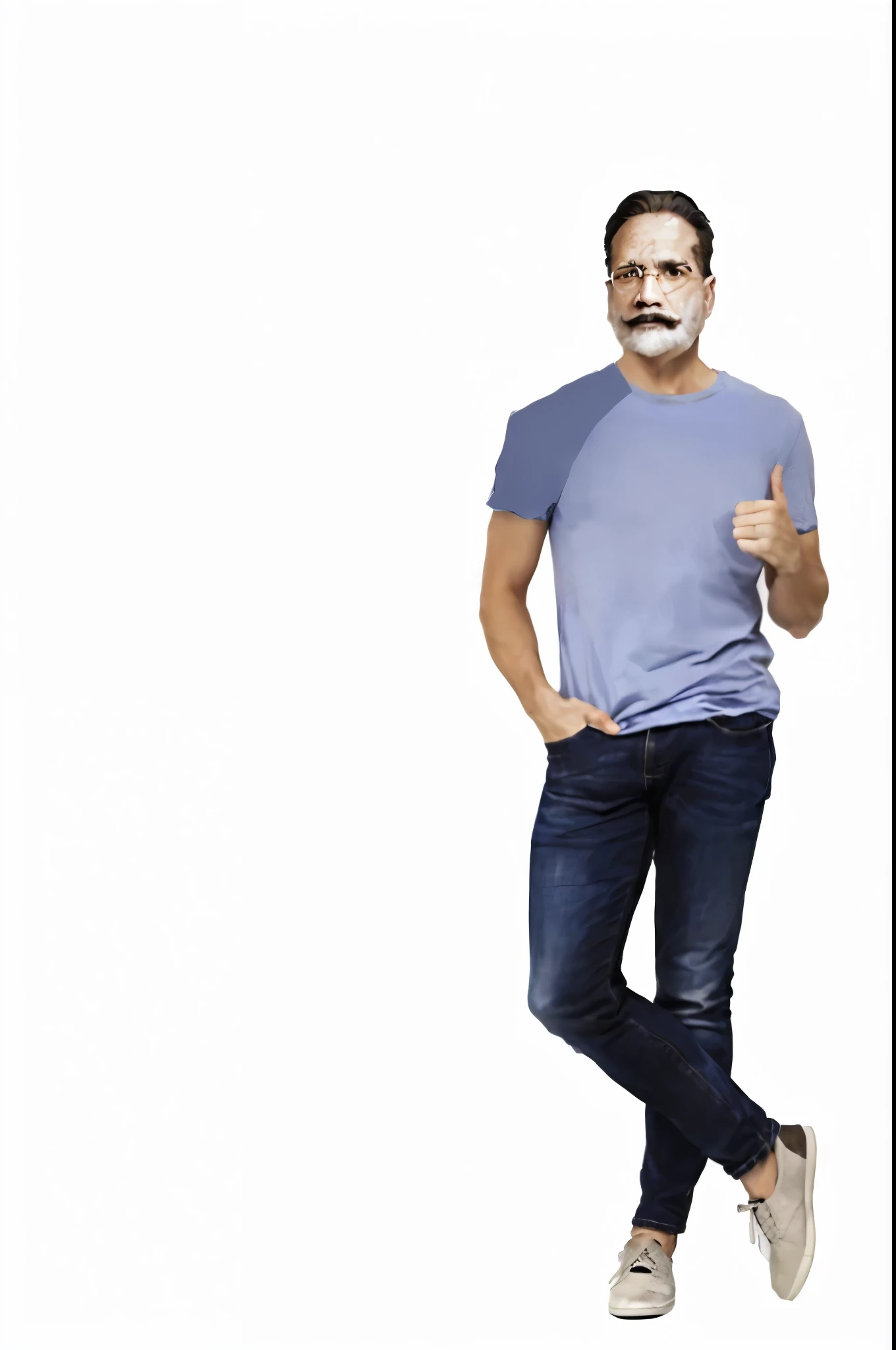 middle age man wearing white t-shirt and blue jeans paired with white joggers, cleaned shaved