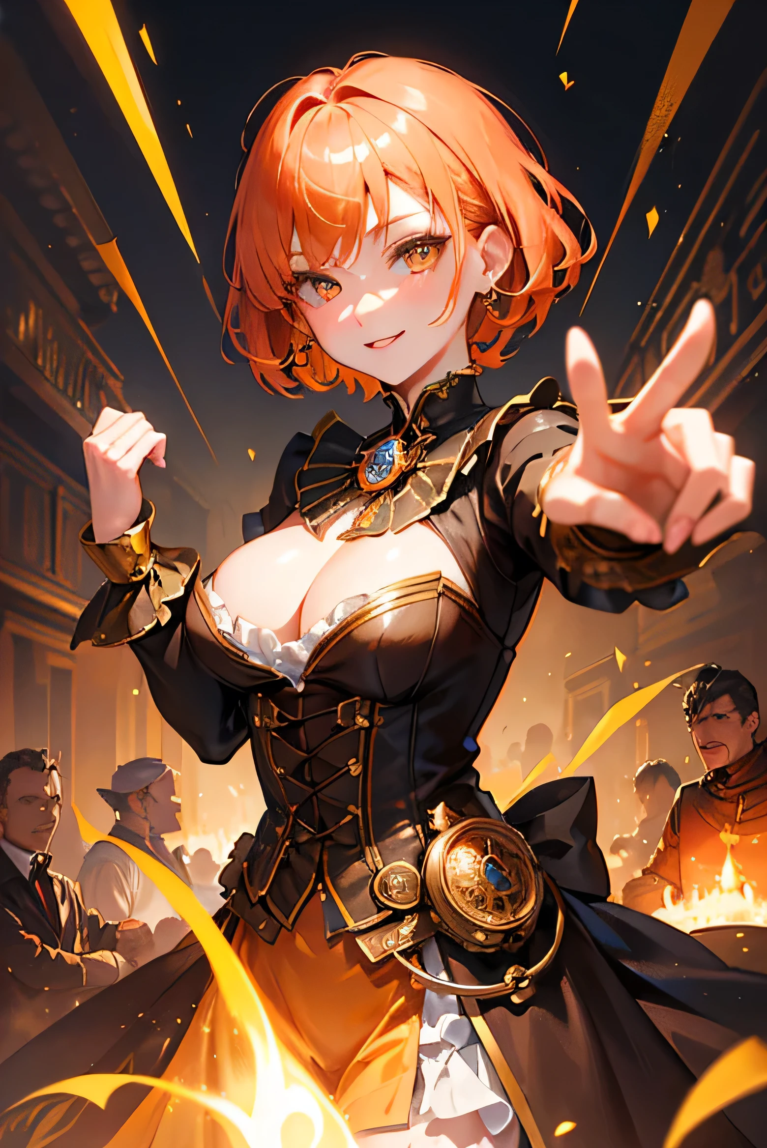 masterpiece, highest quality, so beautiful、Latest、girl, Orange Hair, short hair, Golden Eyes、evil smile,glowing
eyesi、Super cool adult woman in brown British aristocrat fantasy costume、Bold Pose、Open your hands、dance、Decoration、gorgeous、Chuunibyou is cool、Confident々、steampunk