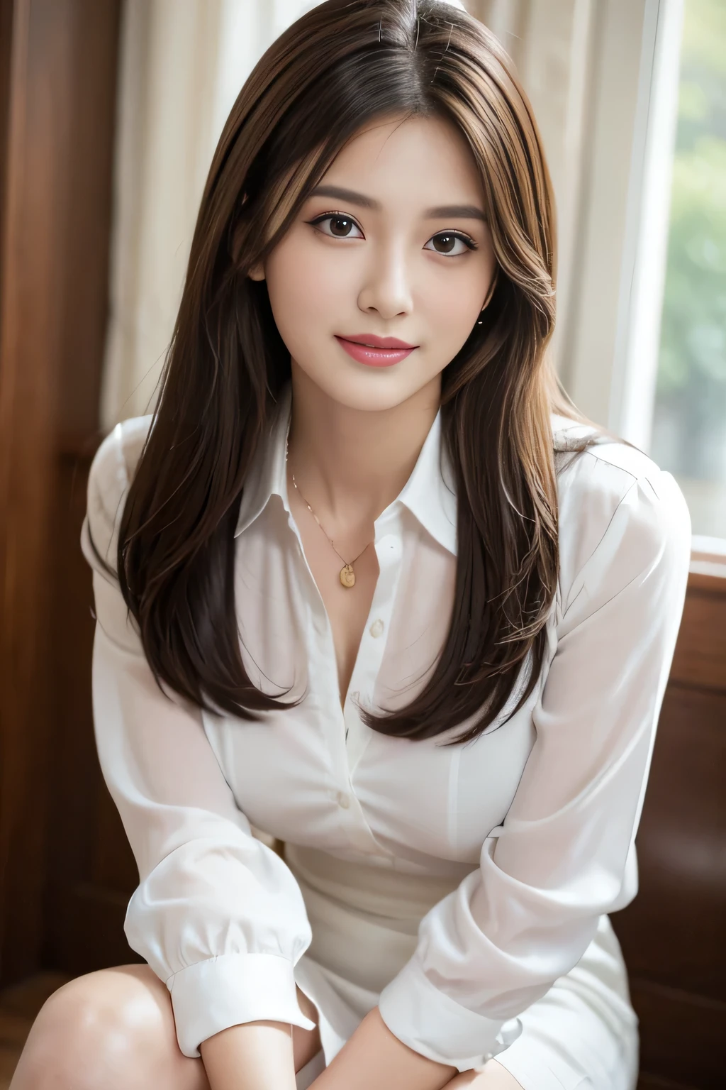 (RAW Photos), (Realistic), (masterpiece), (highest quality), High resolution, 8k, (Intricate details), (Volumetric Light), Portraiture, woman, Age 35, Medium Hair, Straight hair, Medium Chest, Accentuate your cleavage, Layered Hair, Brown Hair, Very beautiful eyes, Source order, Very thin eyebrows, Very fine skin, Very beautiful mouth, Very nice nose, Cute like an idol, smile, (Thick lips), (Looking at the audience), (White collared dress shirt), Above the knee shot,
